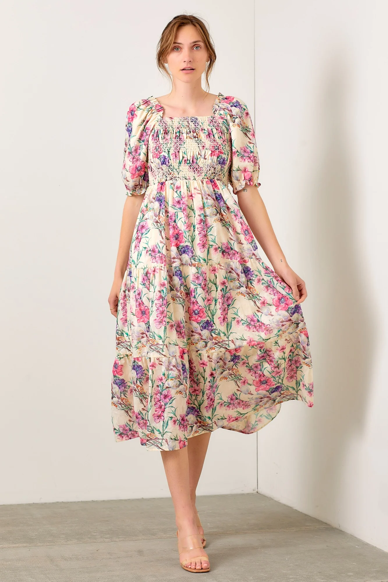 Image of Cream Floral Puff Sleeve Smocked Midi Dress