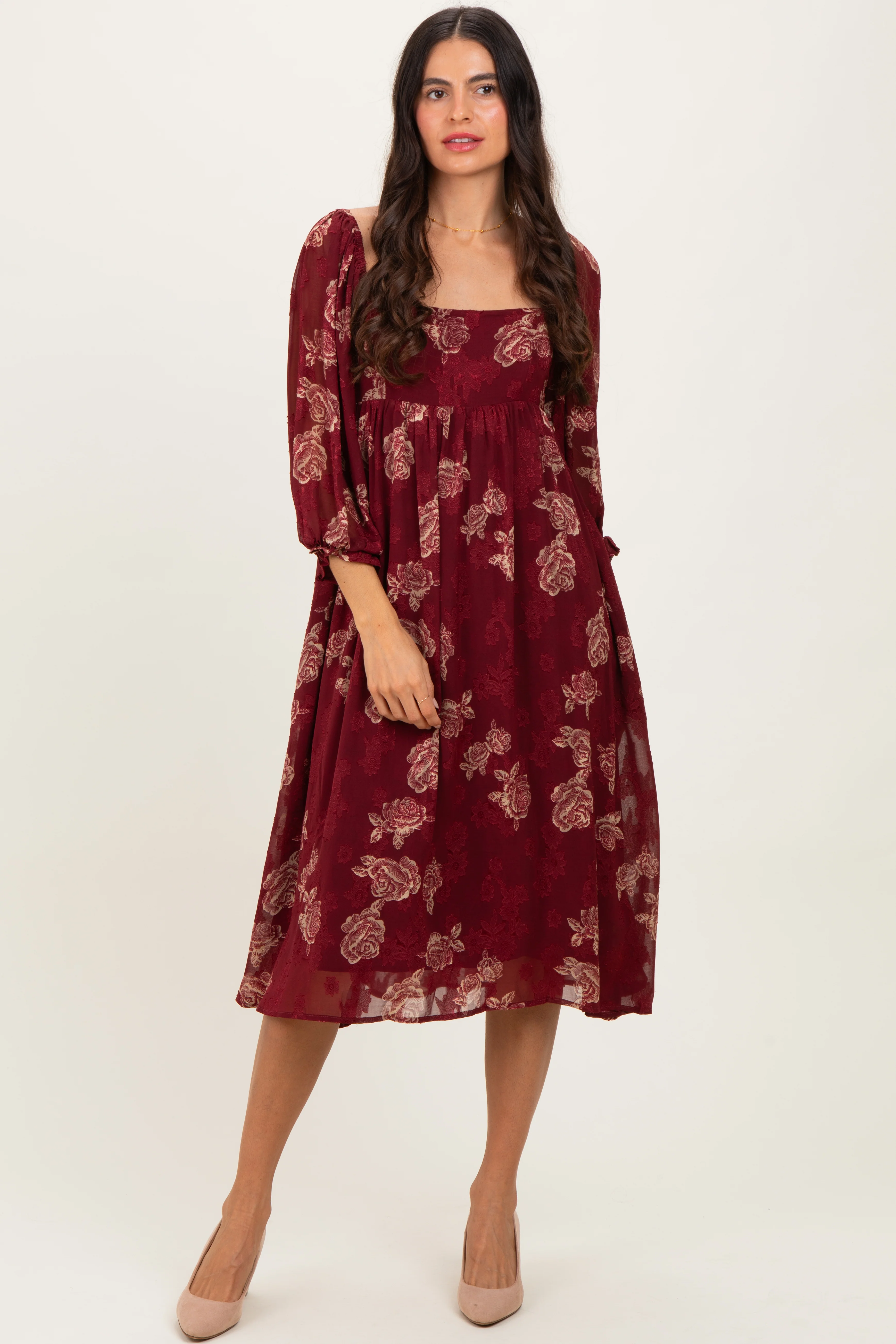 Image of Burgundy Floral Textured Midi Dress