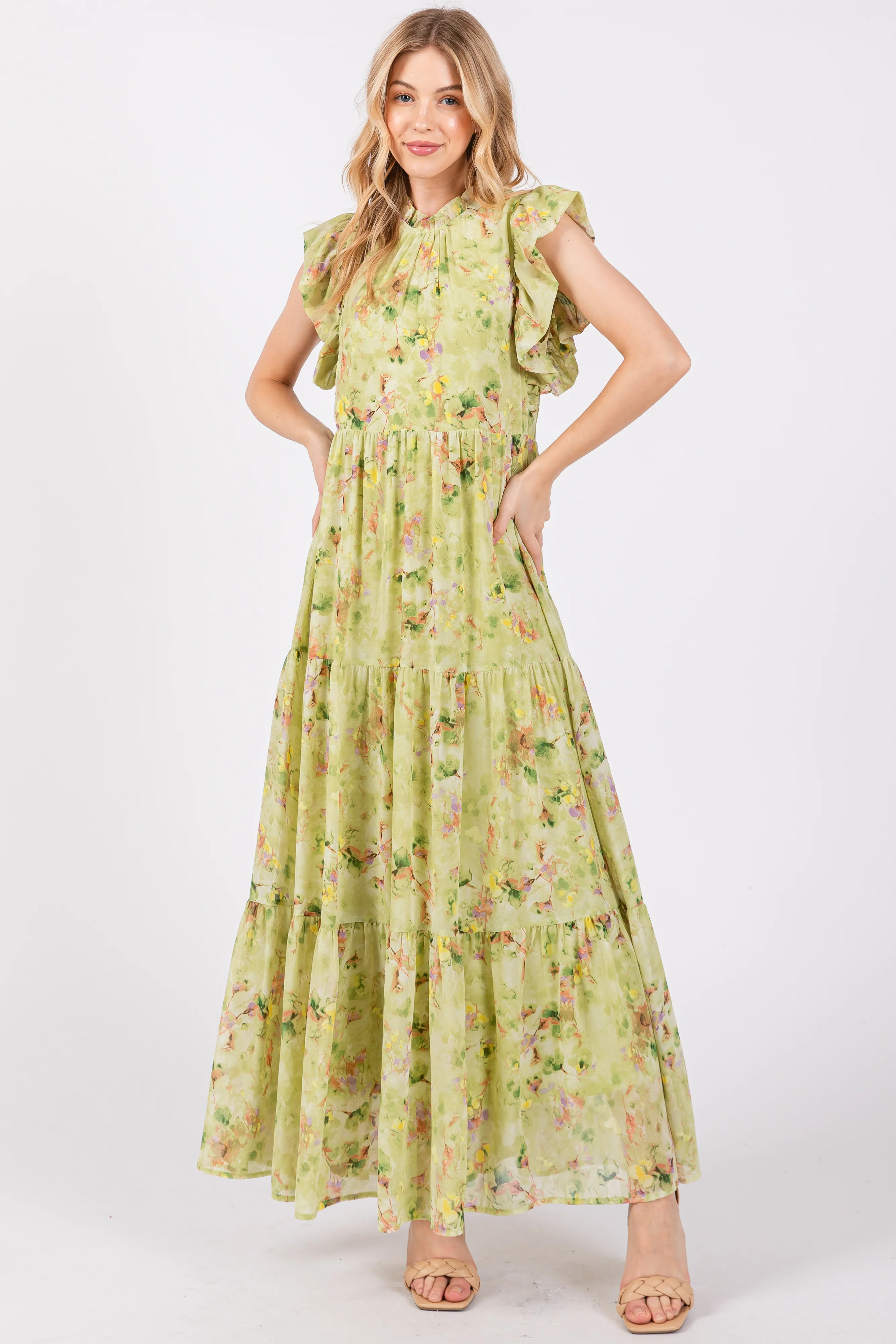 Image of Lime Floral Chiffon Ruffle Shoulder Tiered Maxi Dress