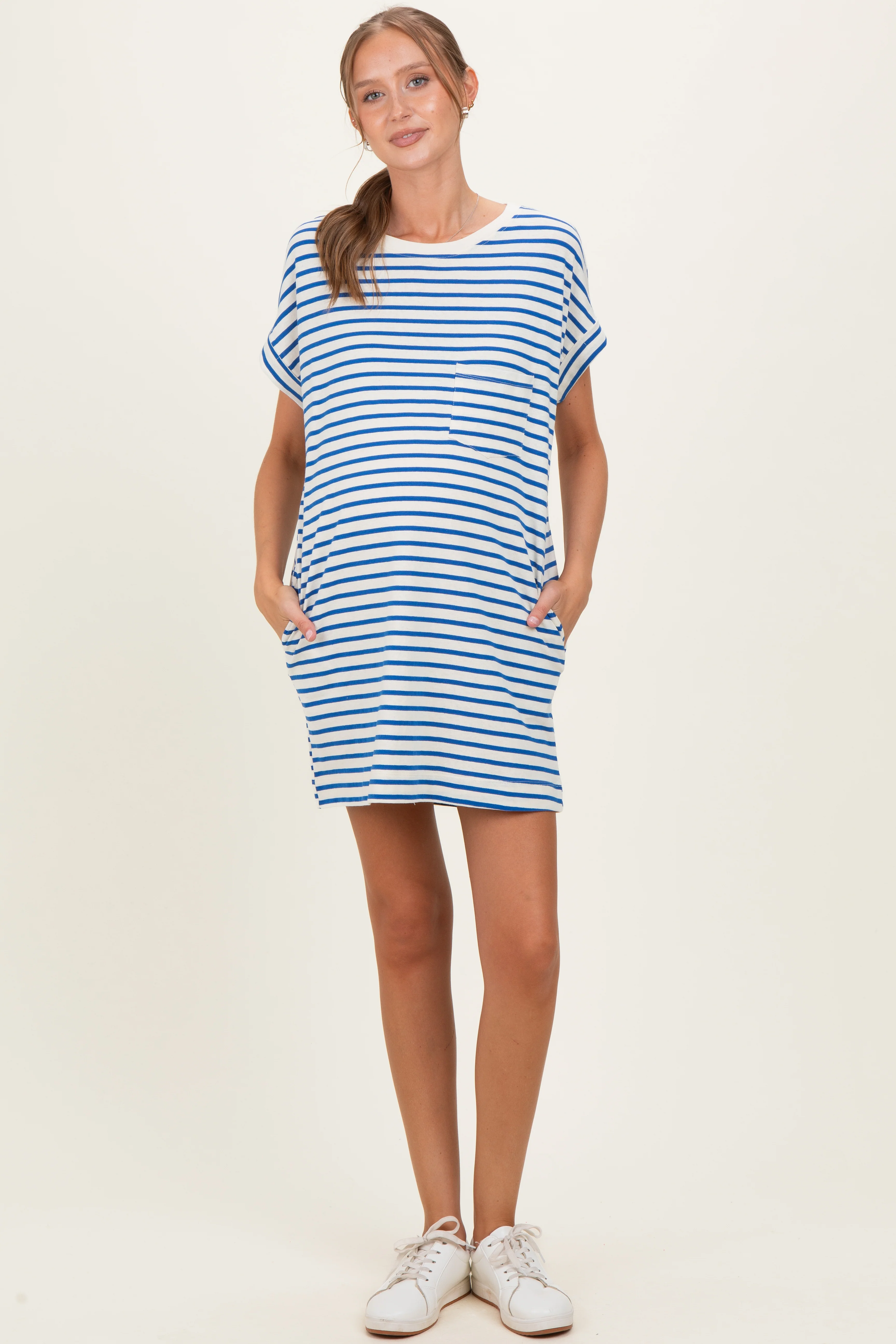 Image of Blue Striped Maternity T-Shirt Mini Dress