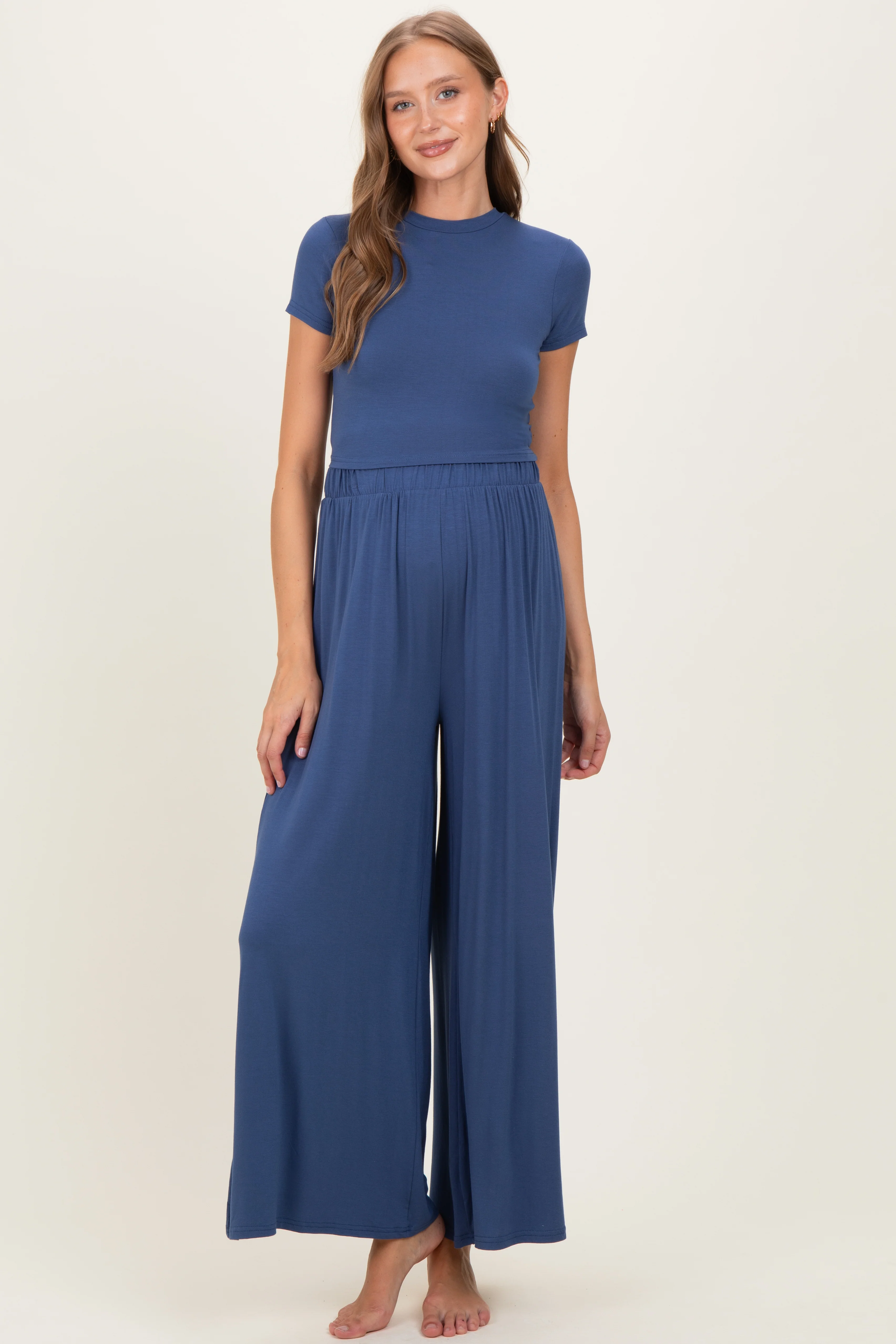 Image of Light Navy Short Sleeve Crop Top Wide Leg Pant Maternity Set