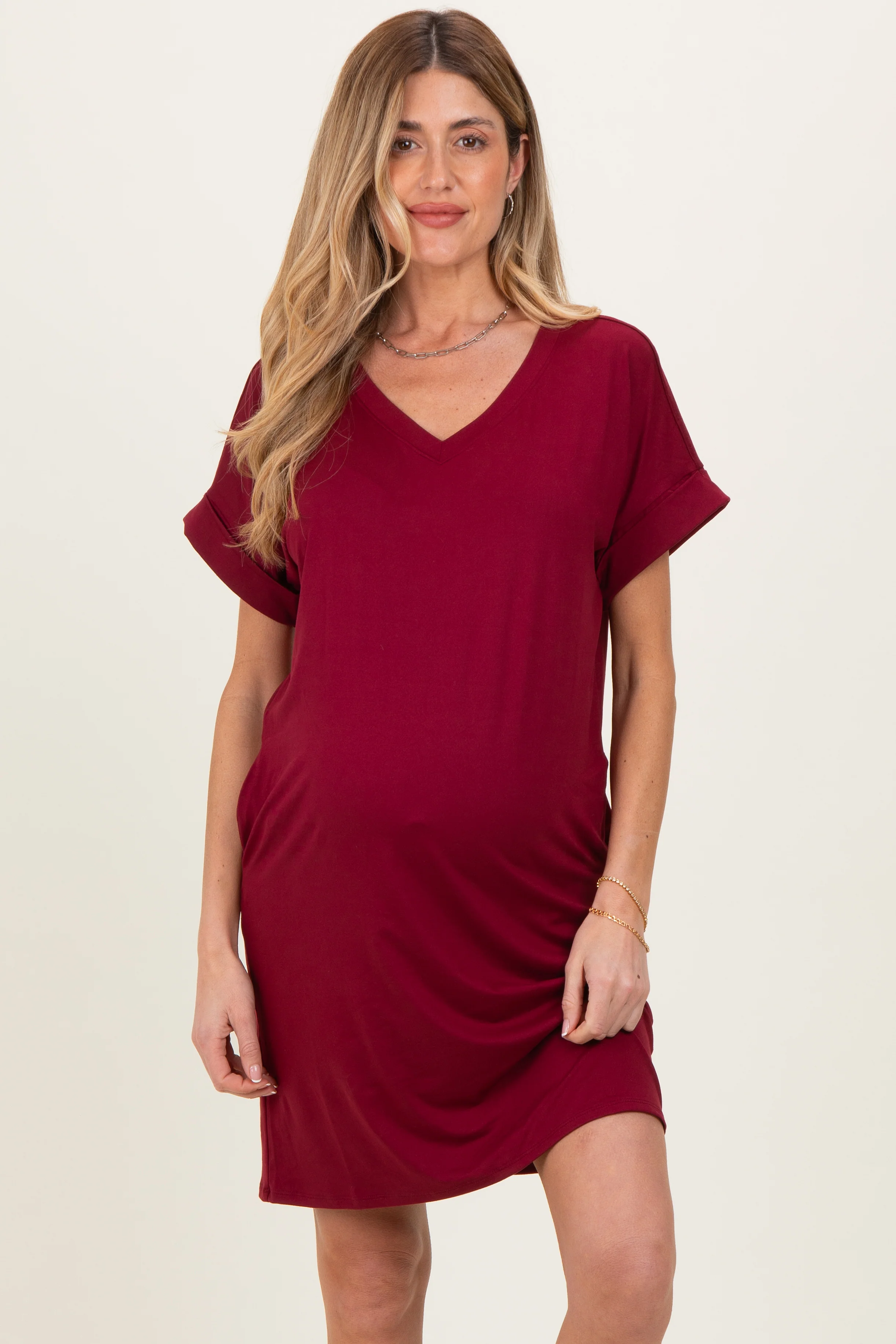 Image of Cabernet Brushed Rolled Short Sleeve V-Neck Maternity Dress