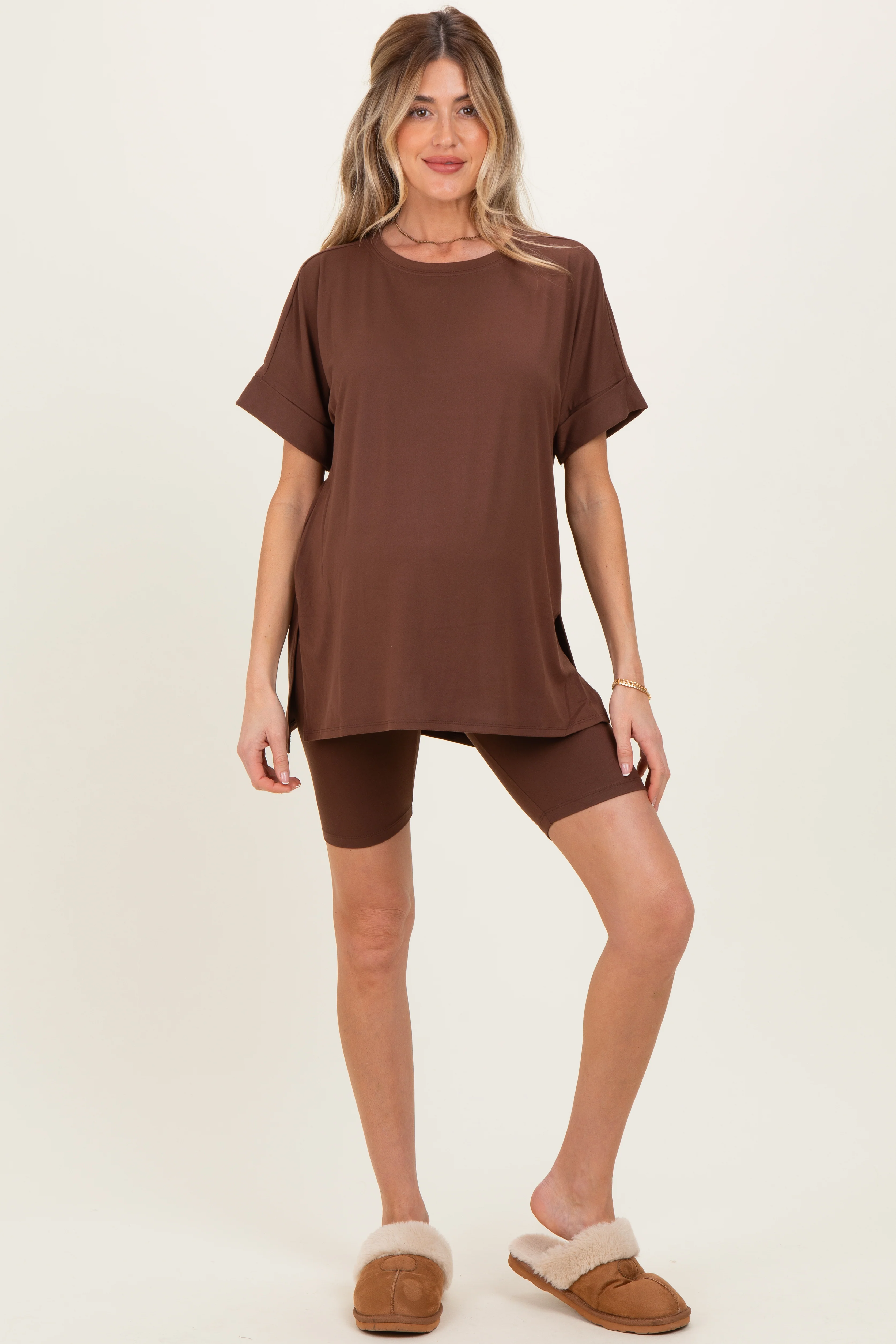 Image of Brown Hi-Low Short Sleeve Tee Biker Short Maternity Set
