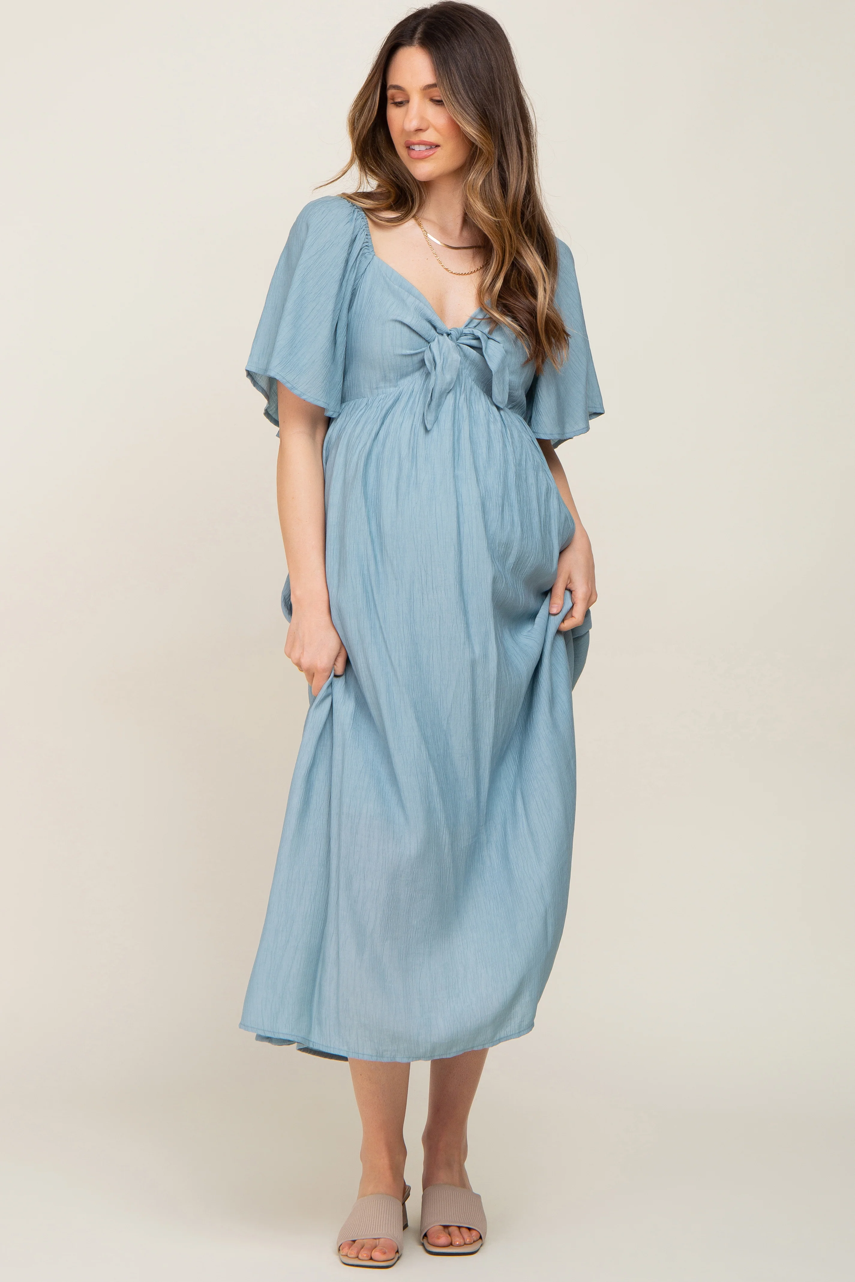 Image of Blue Front Tie Ruffle Sleeve Maternity Midi Dress