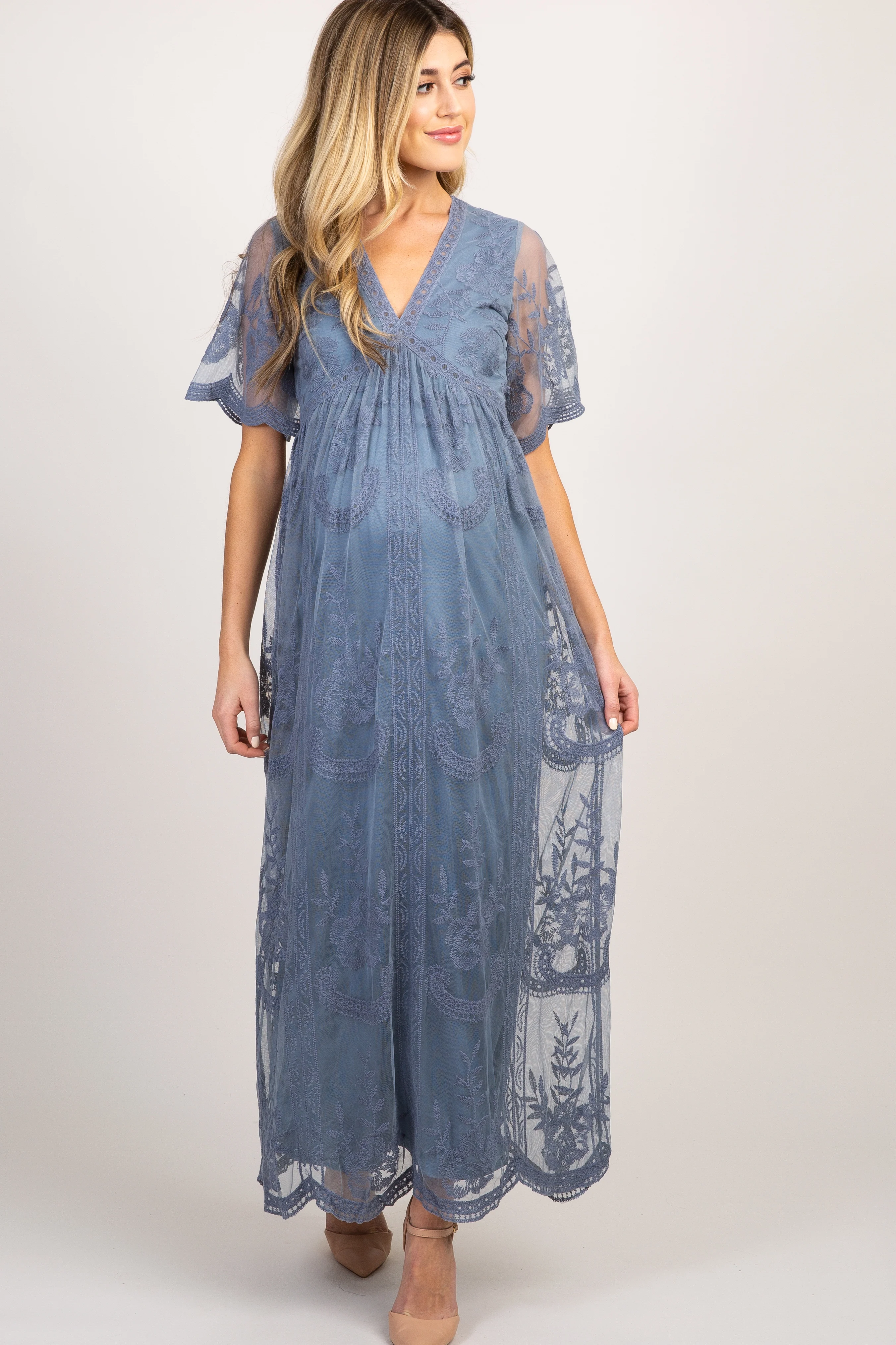 Image of PinkBlush Blue Lace Mesh Overlay Maternity Maxi Dress