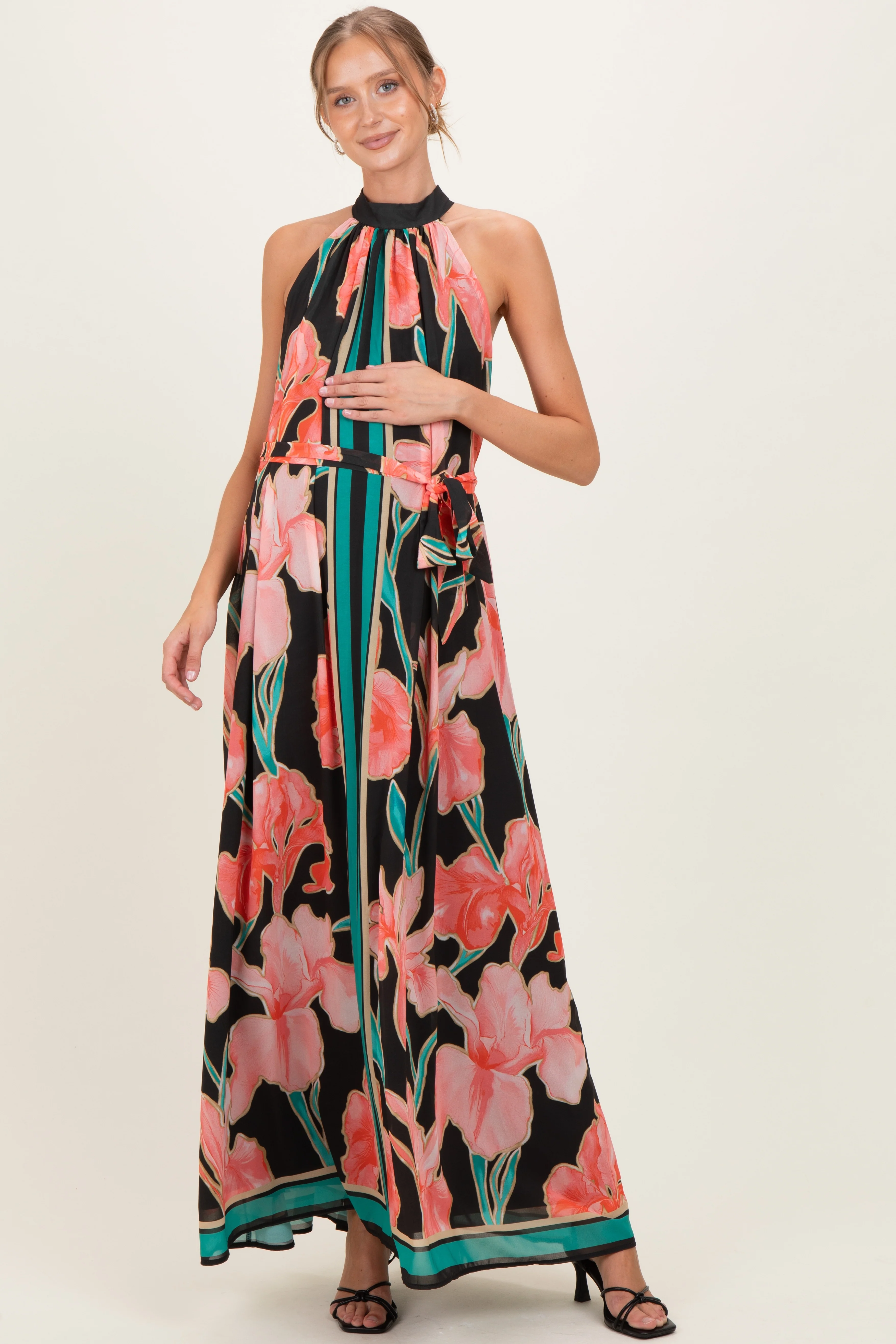 Image of Black Floral Halter Maternity Maxi Dress