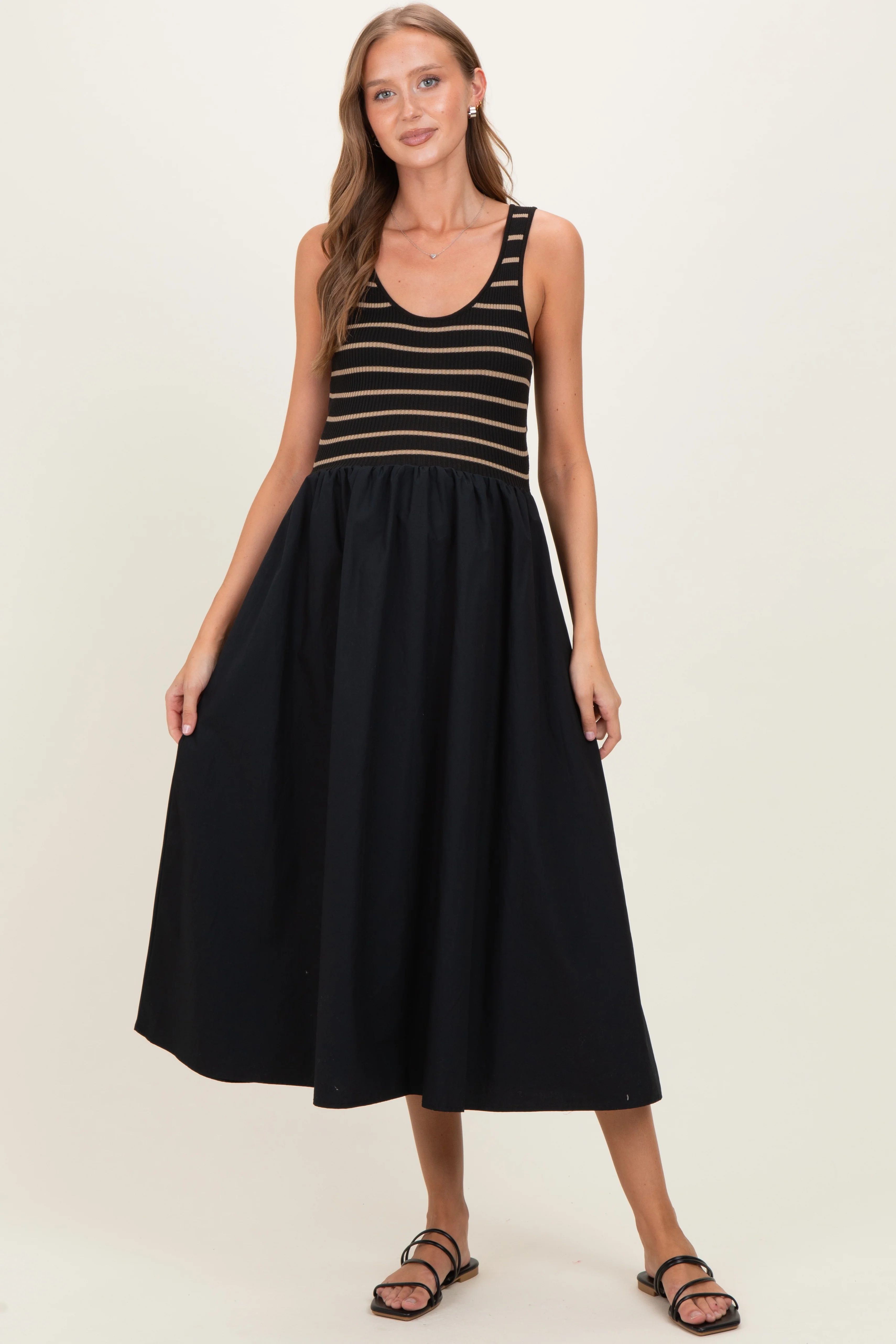 Image of Black Striped Contrast Knit Sleeveless Maternity Maxi