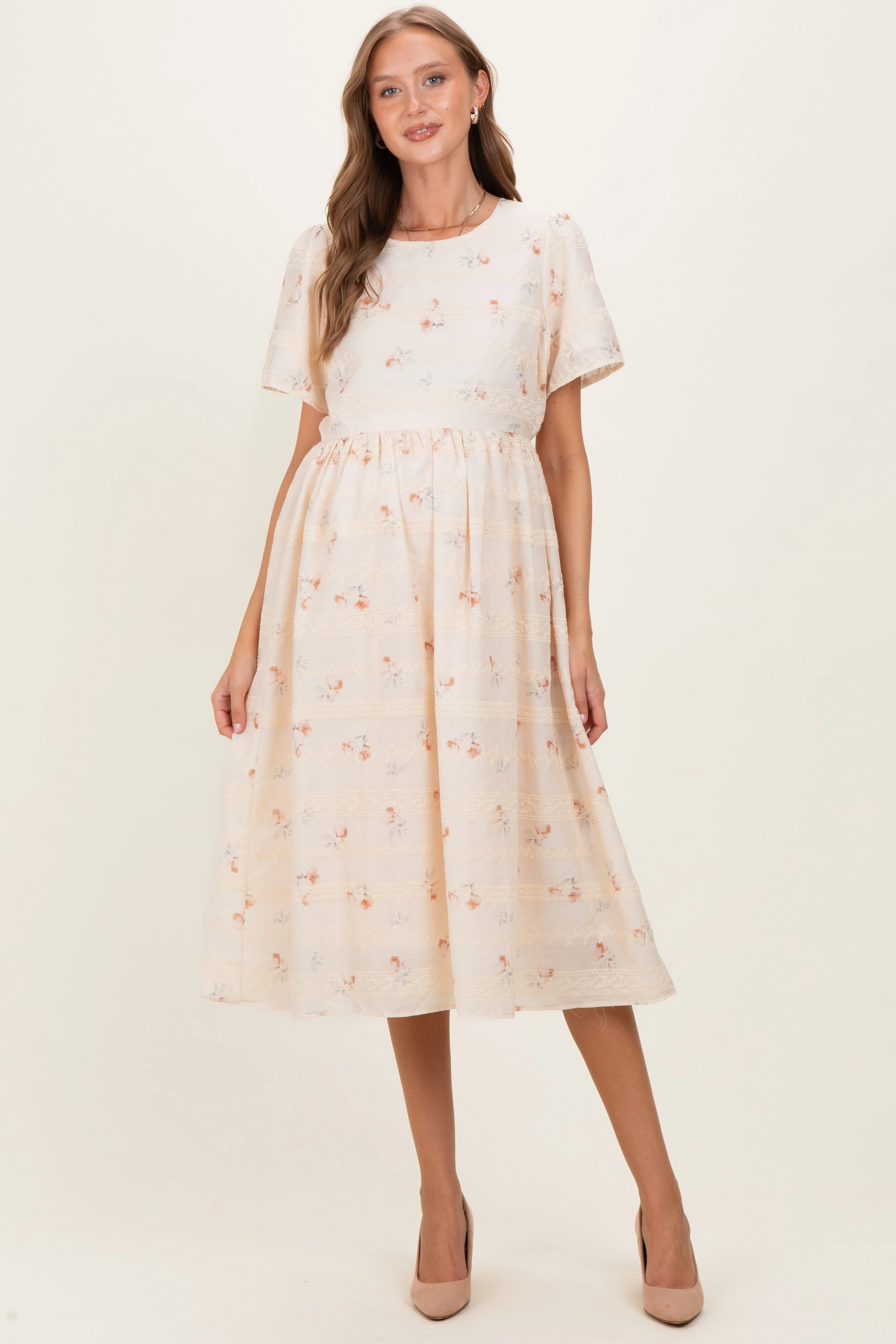 Image of Beige Floral Embroidered Short Sleeve Maternity Midi Dress