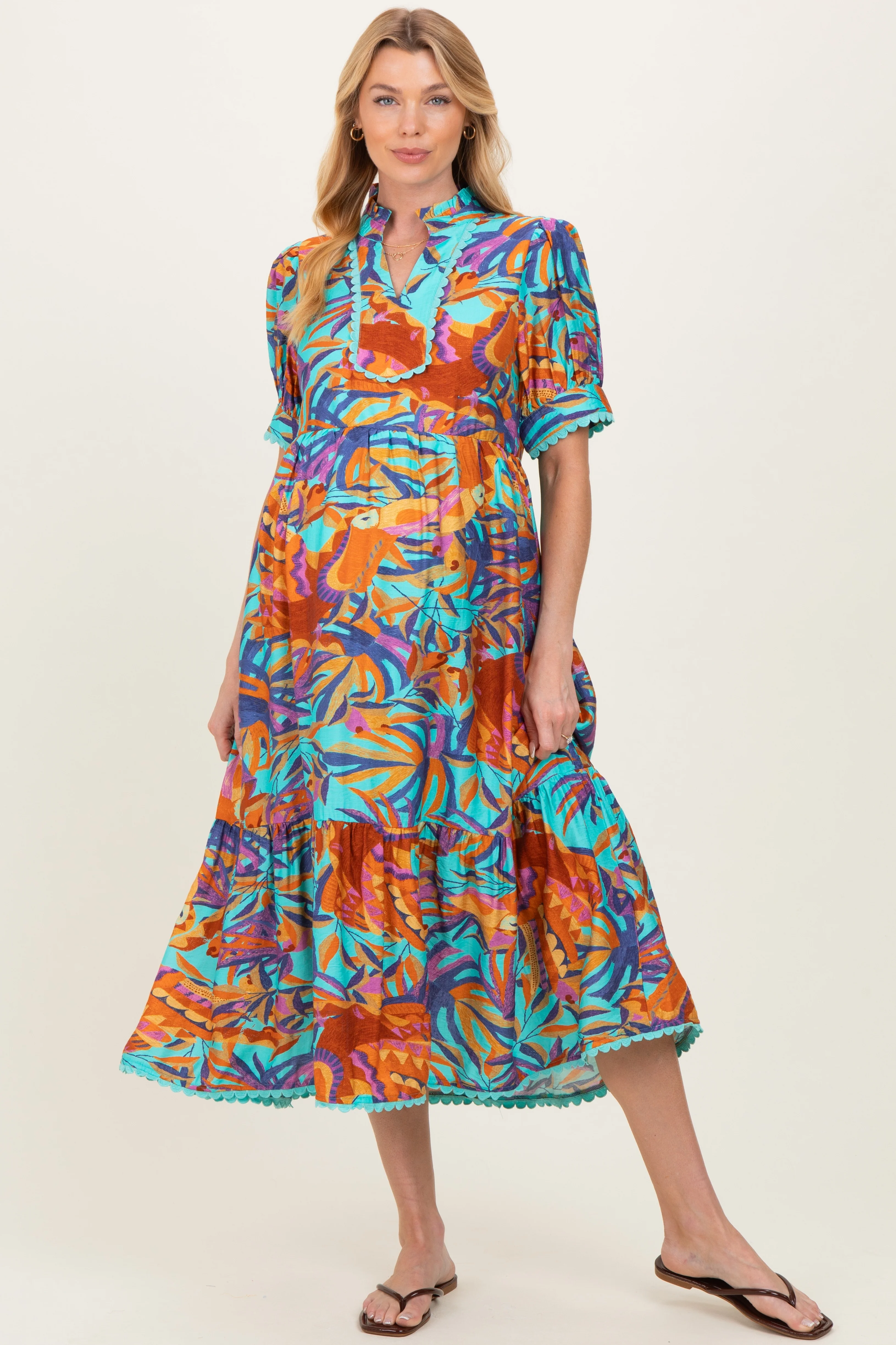 Image of Aqua Mix Leaf Print Pocketed Maternity Midi Dress