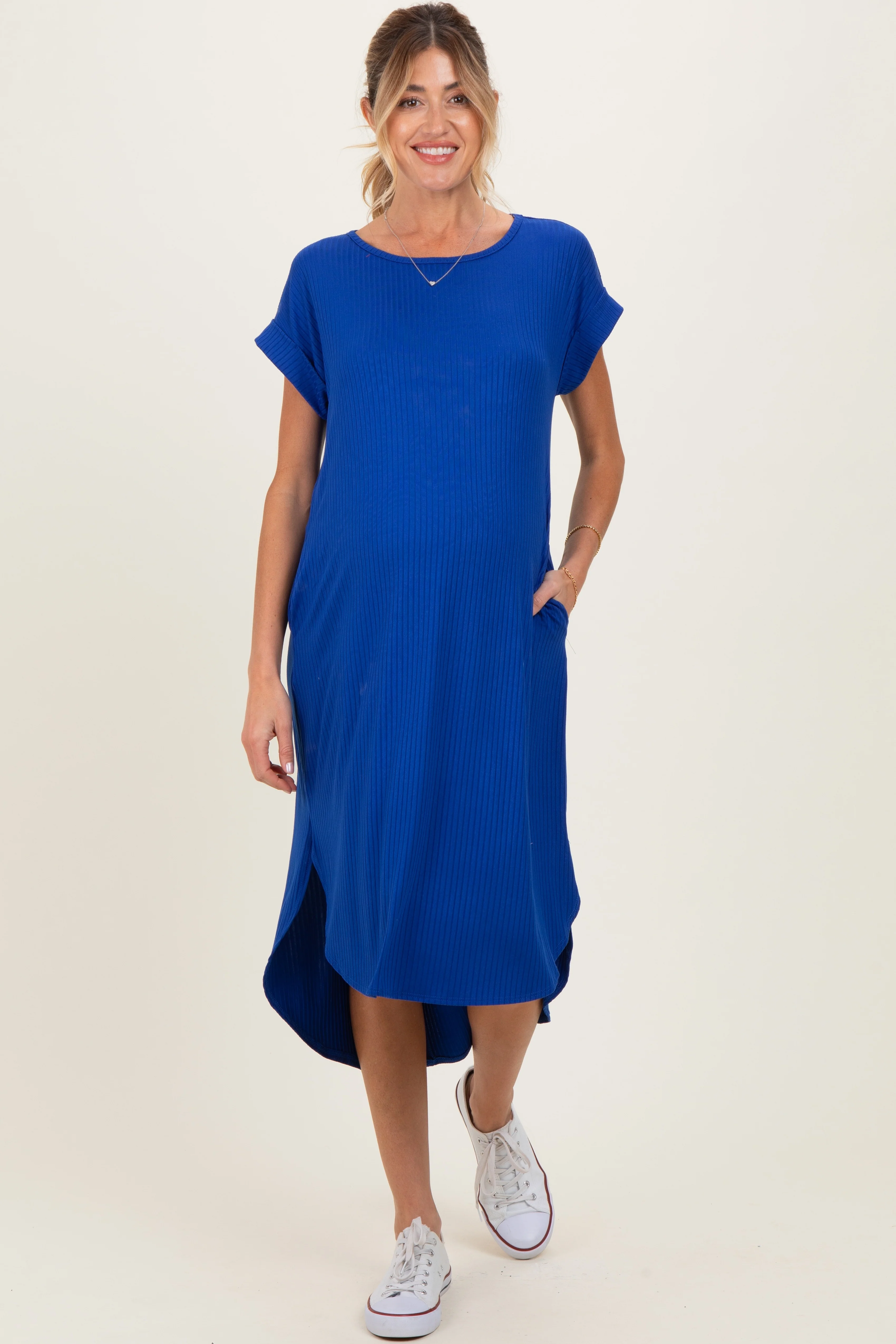 Image of Royal Ribbed Curved Hem Maternity Midi Dress