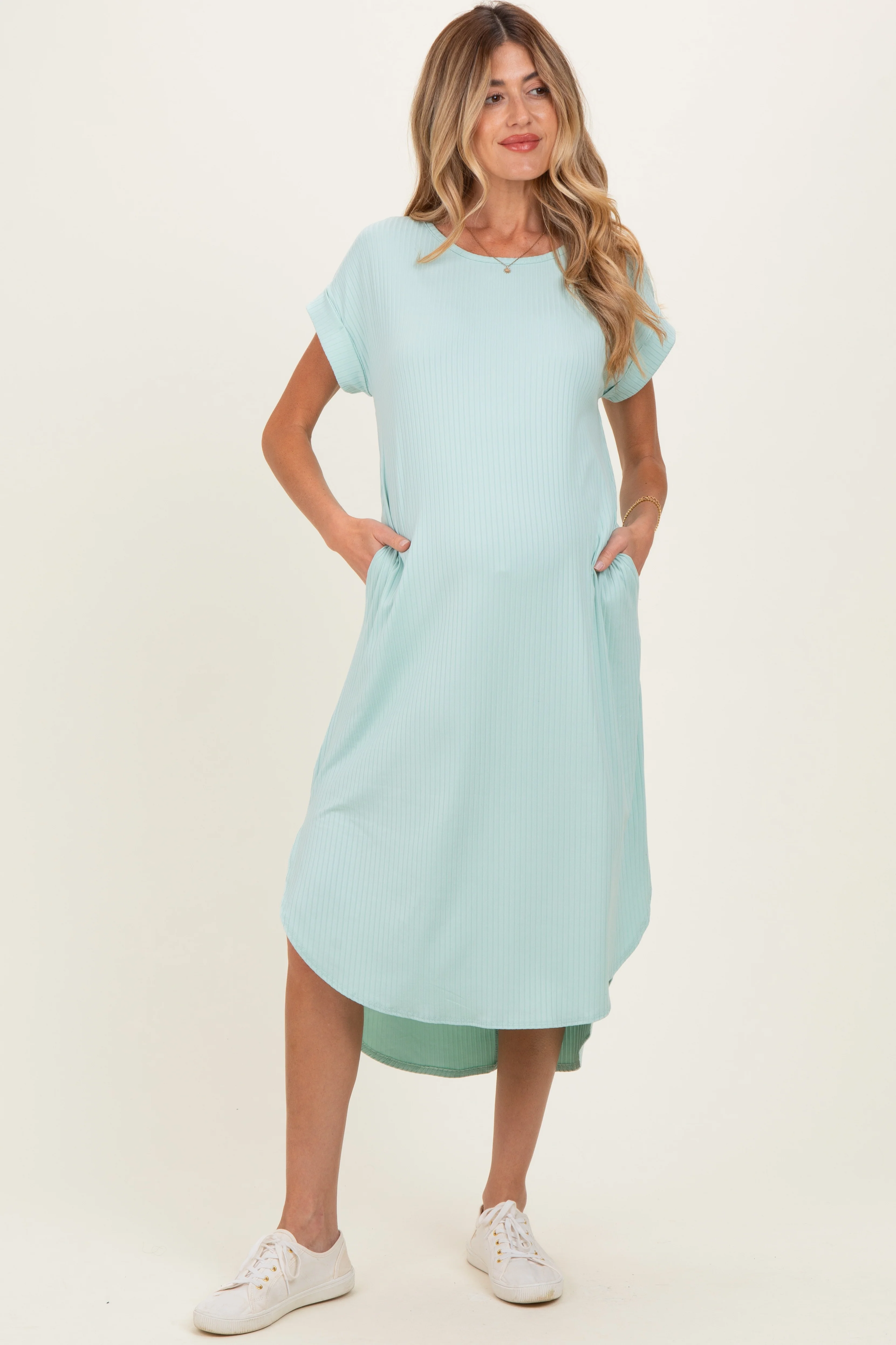 Image of Mint Ribbed Curved Hem Maternity Midi Dress