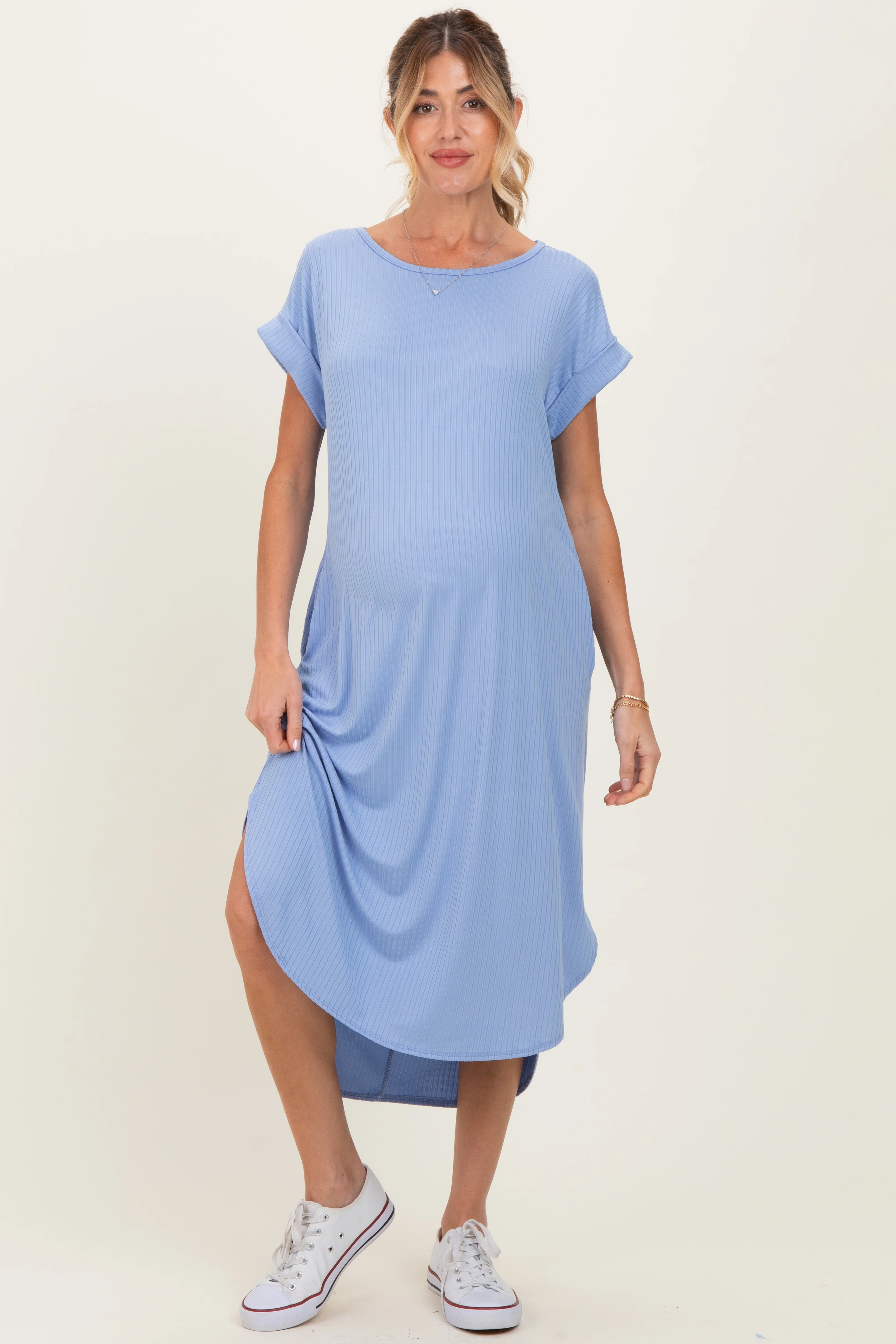 Image of Blue Ribbed Curved Hem Maternity Midi Dress
