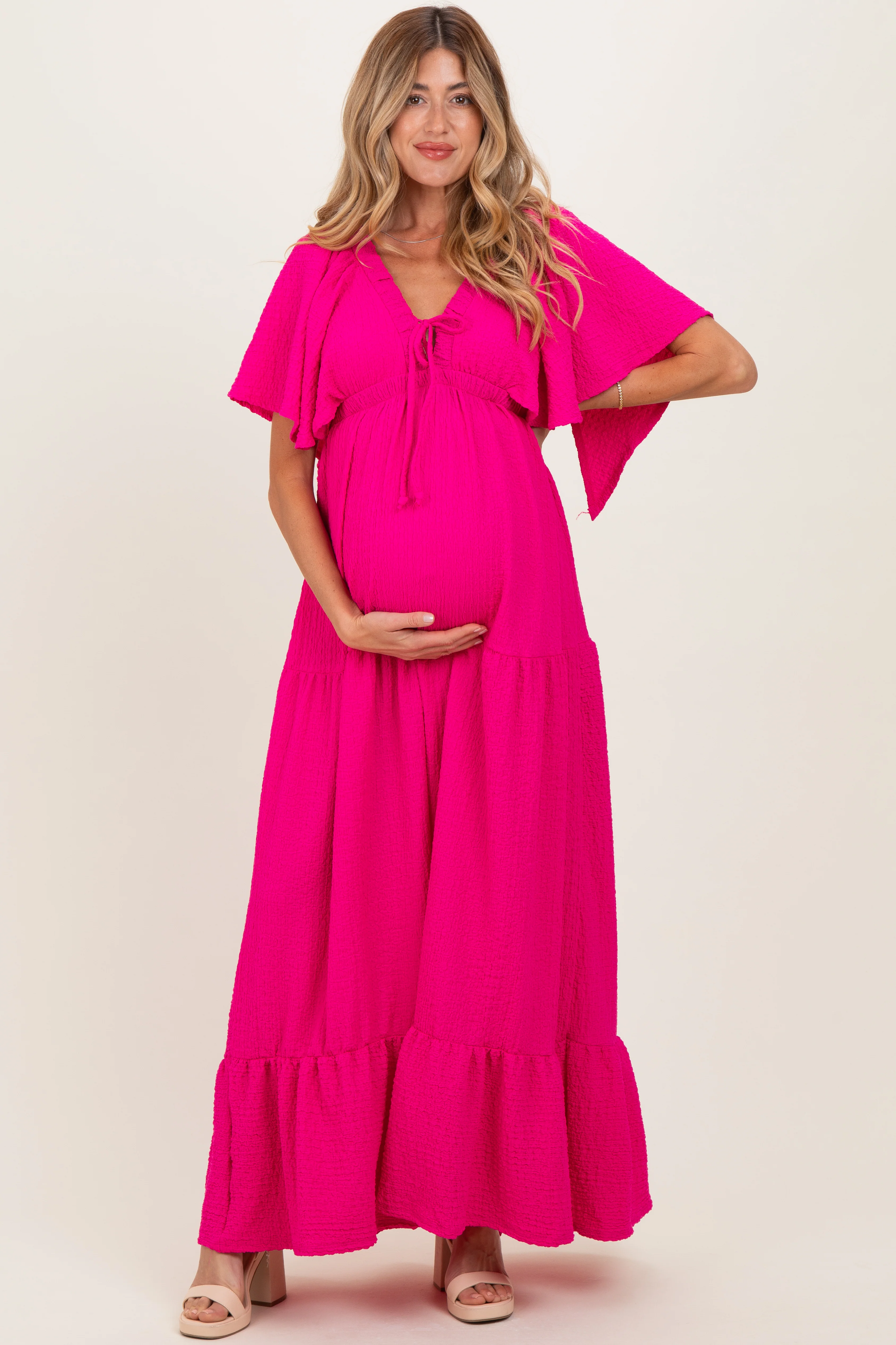 Image of Fuchsia Woven Textured Flutter Sleeve V-Neck Tiered Maternity Maxi Dress