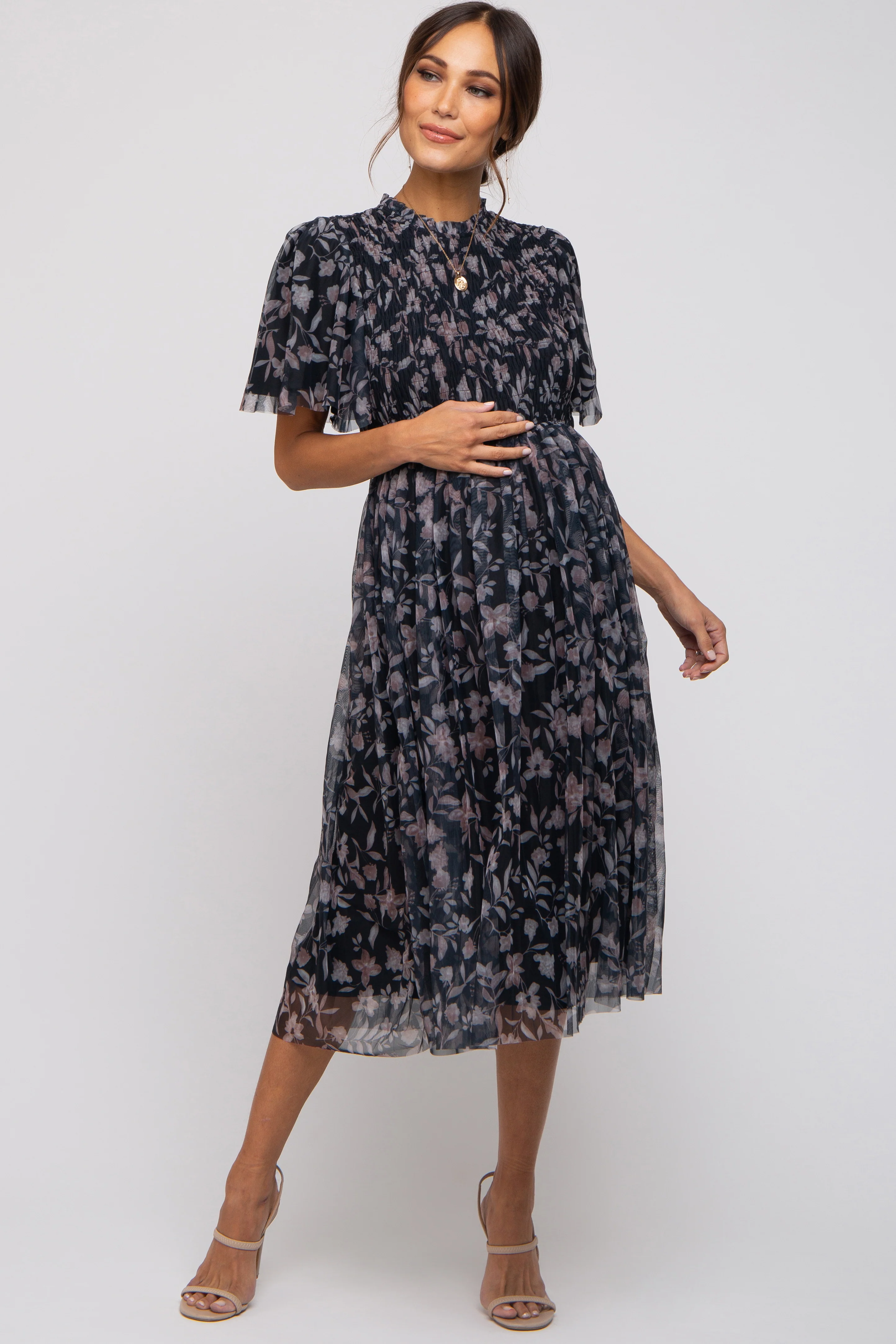 Image of Black Floral Smocked Mesh Knit Maternity Midi Dress