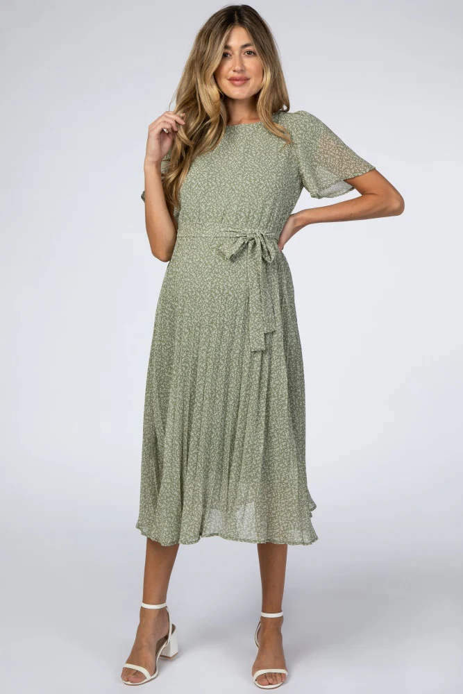 Image of Light Olive Leaf Print Pleated Maternity Midi Dress
