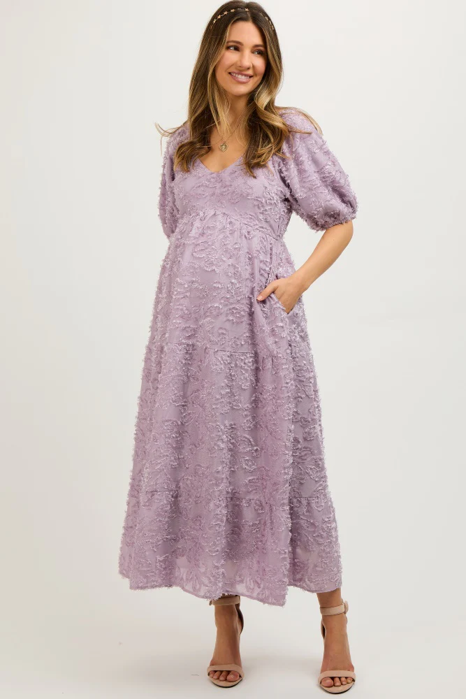 Image of Lavender Fringe Textured Short Puff Sleeve Maternity Midi Dress