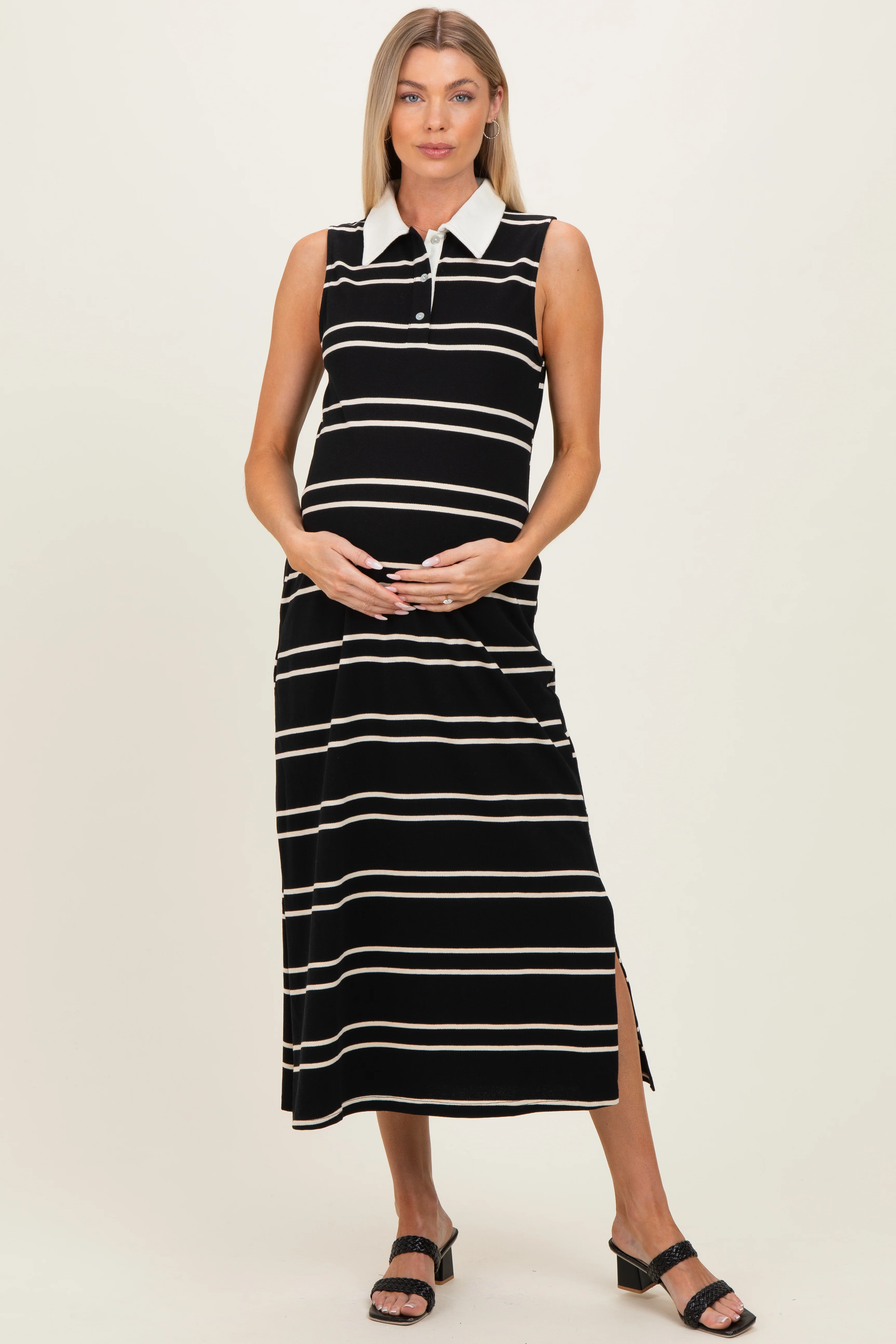 Image of Black Striped Sleeveless Collared Maternity Midi Dress