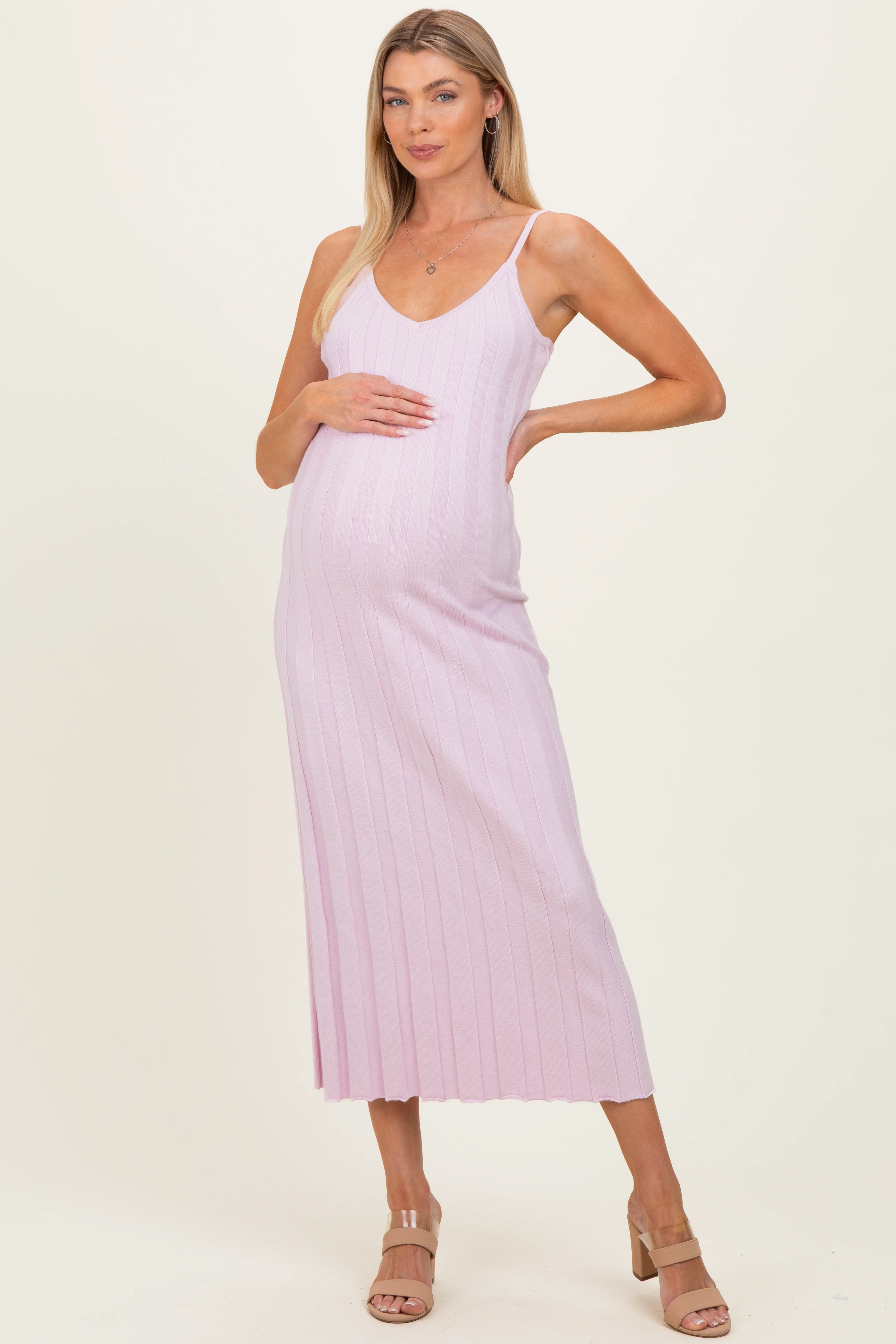 Image of Light Pink Rib Knit Sleeveless Maternity Maxi Dress