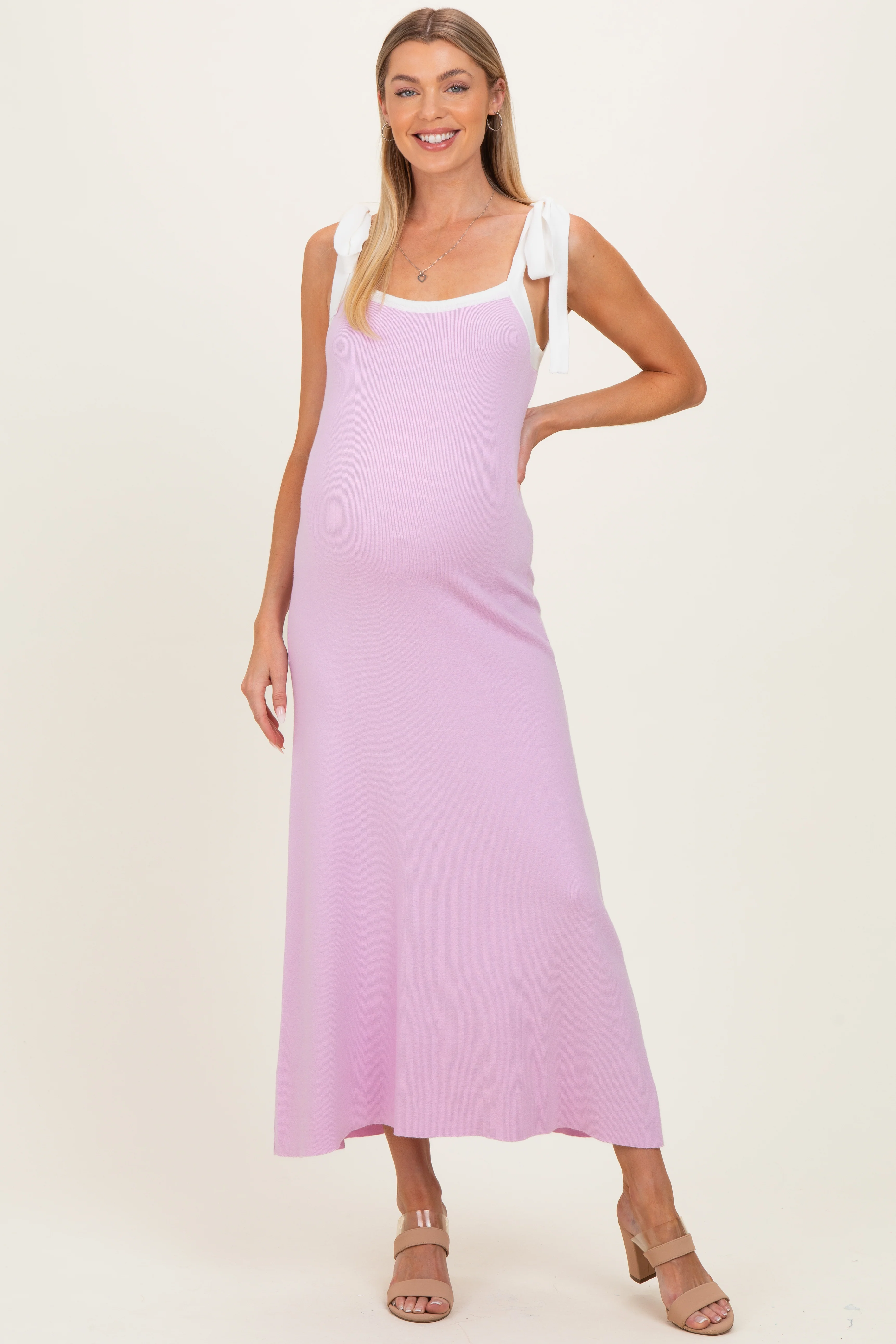 Image of Pink Knit Contrast Shoulder Tie Maternity Dress