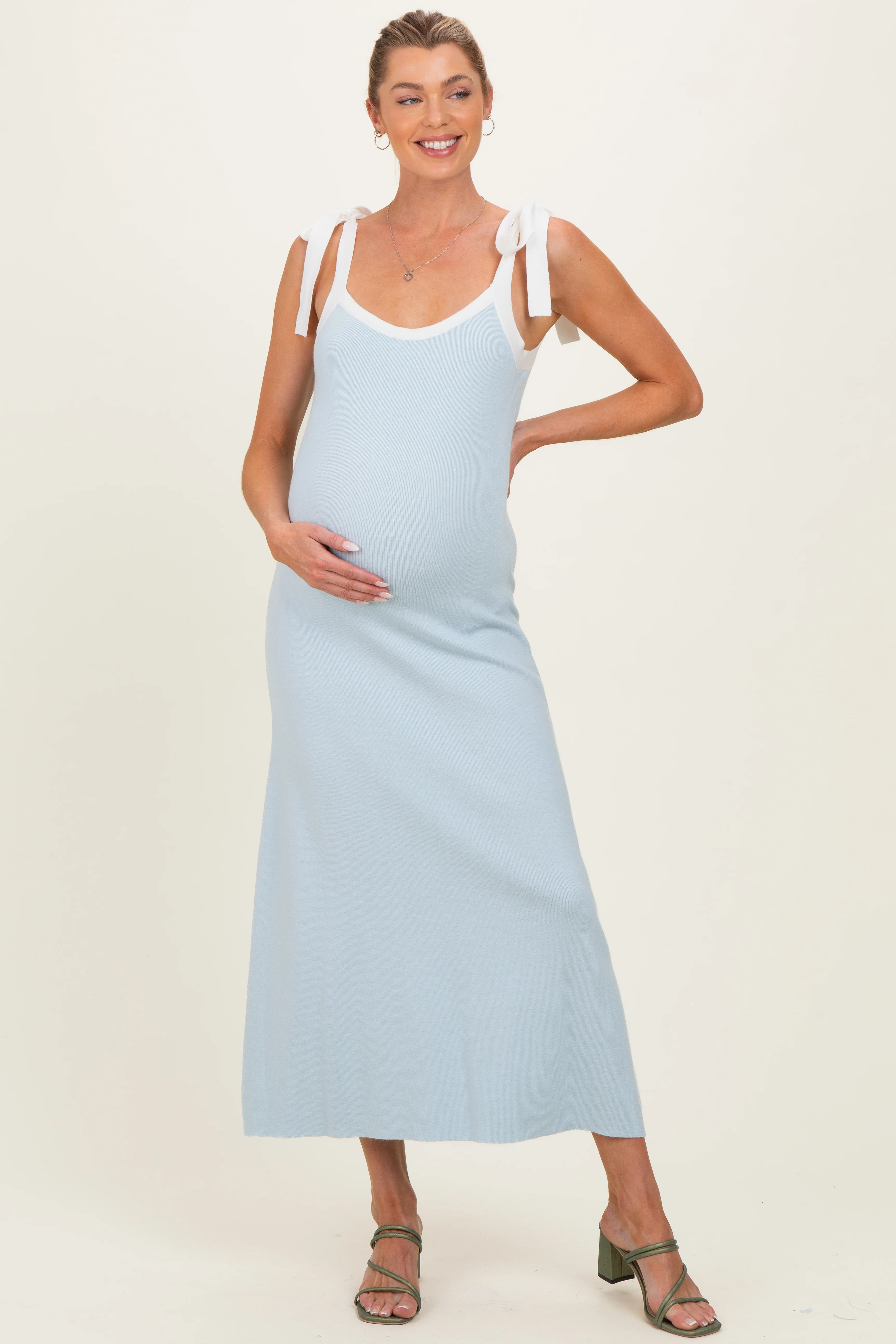 Image of Light Blue Knit Contrast Shoulder Tie Maternity Dress