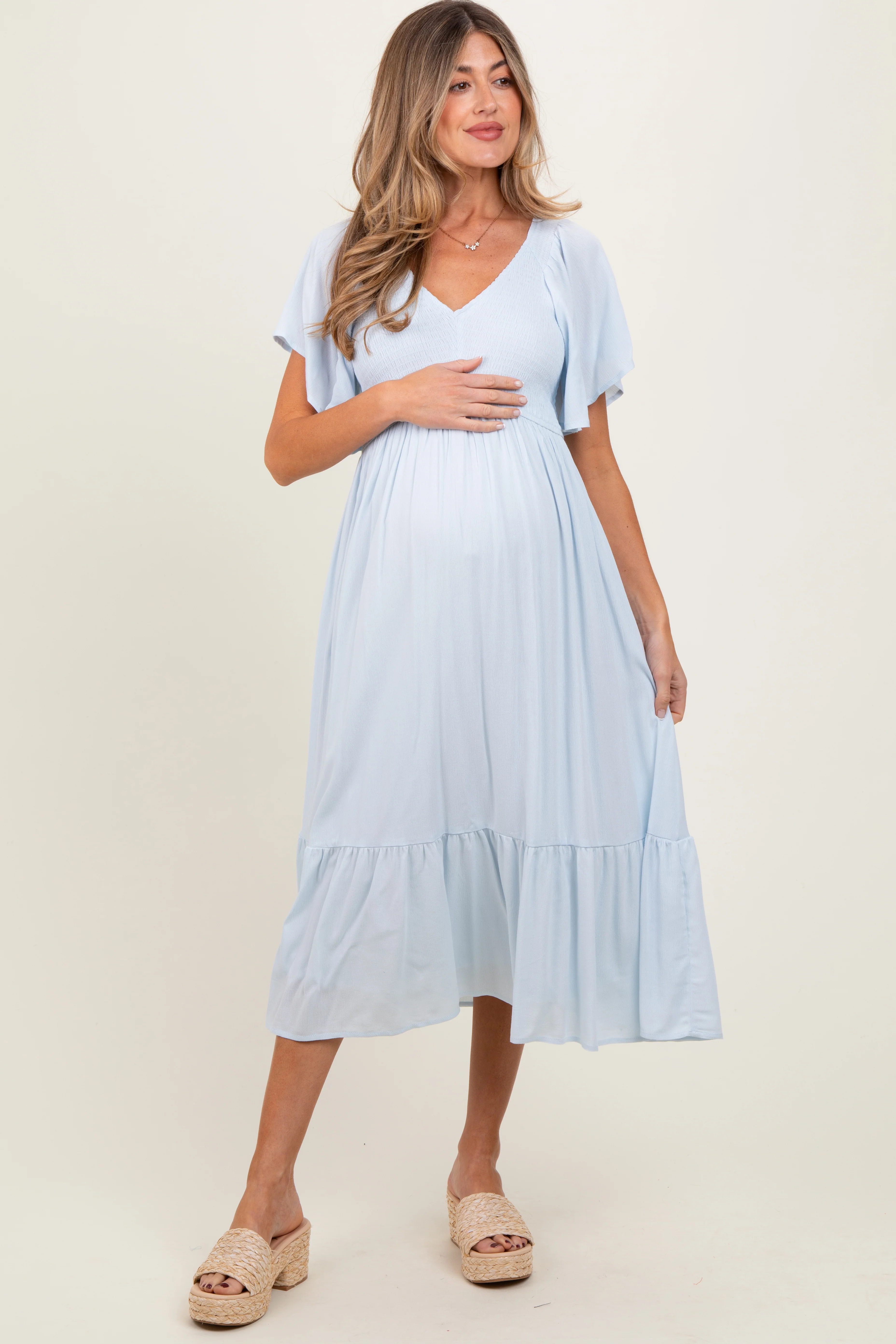 Image of Light Blue Smocked Ruffle Maternity Dress