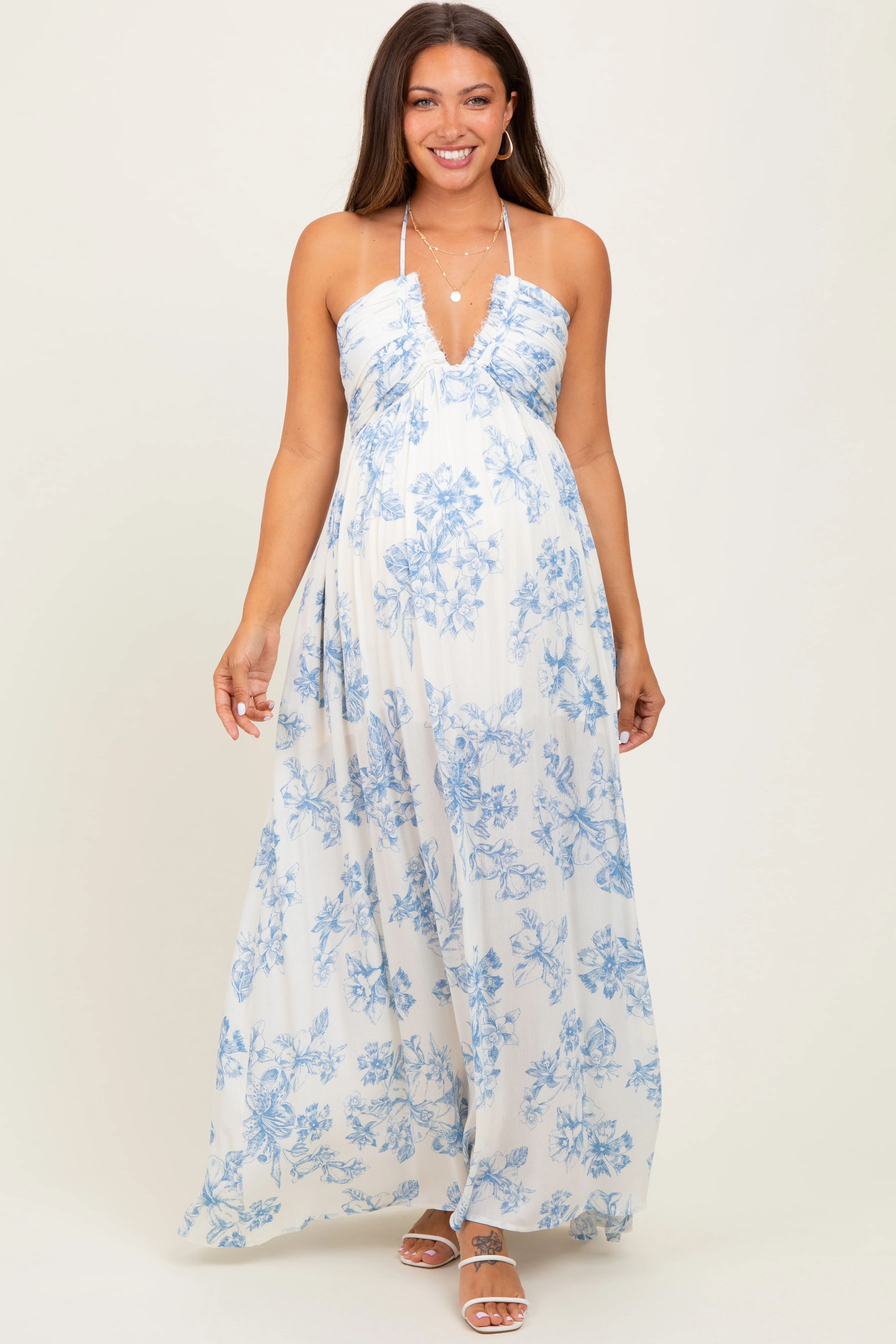 Image of Light Blue Floral Tie-Back Halter Maternity Maxi Dress