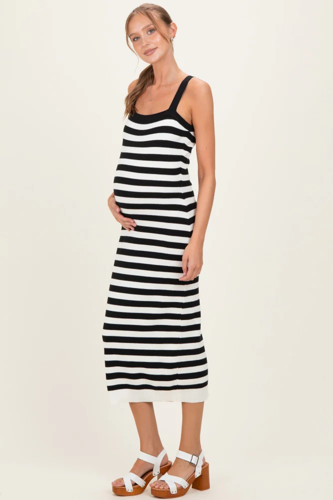 Image of Black Striped Square Neck Sleeveless Knit Maternity Midi Dress