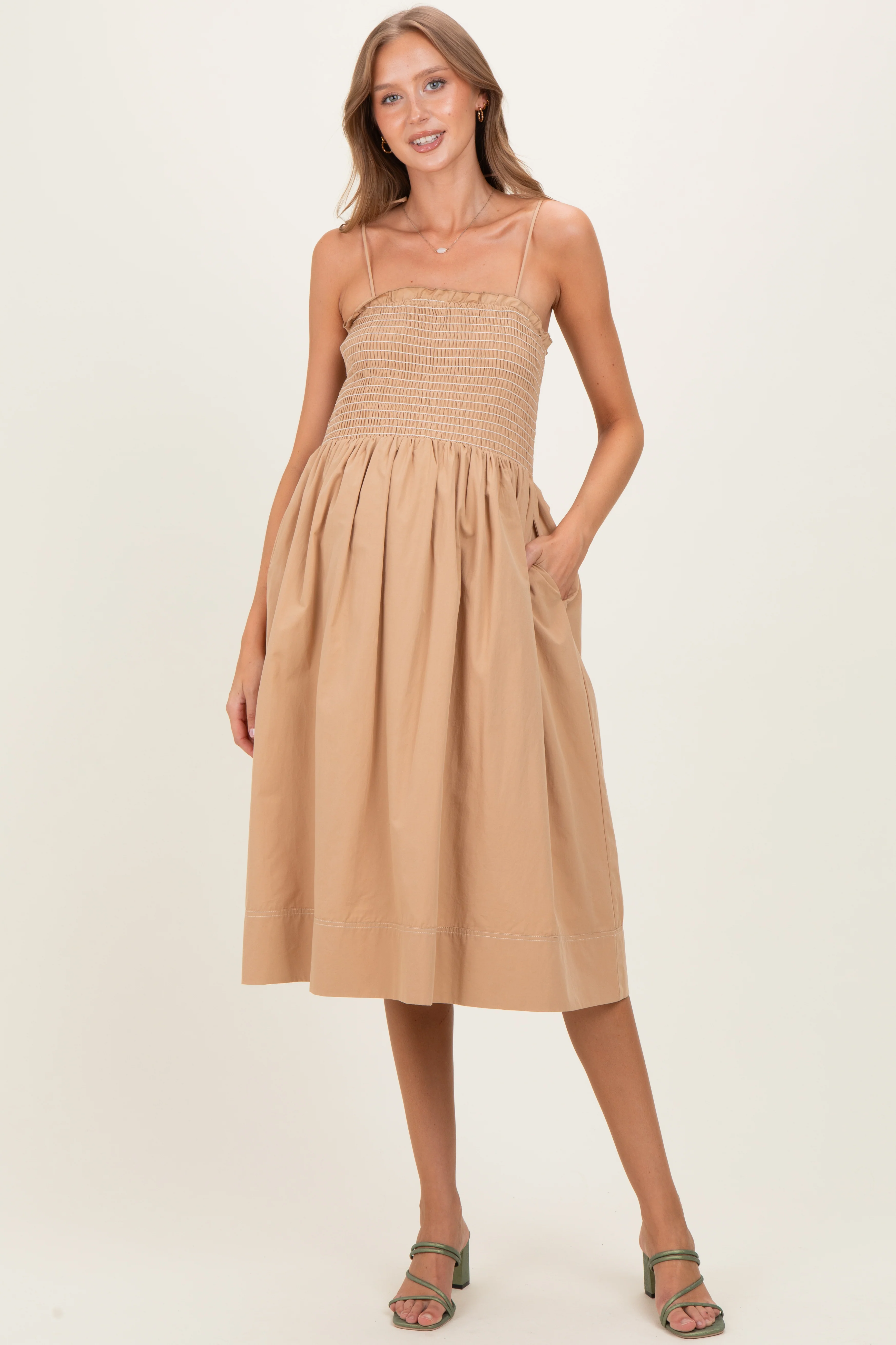 Image of Light Taupe Shoulder Tie Smocked Maternity Midi Dress
