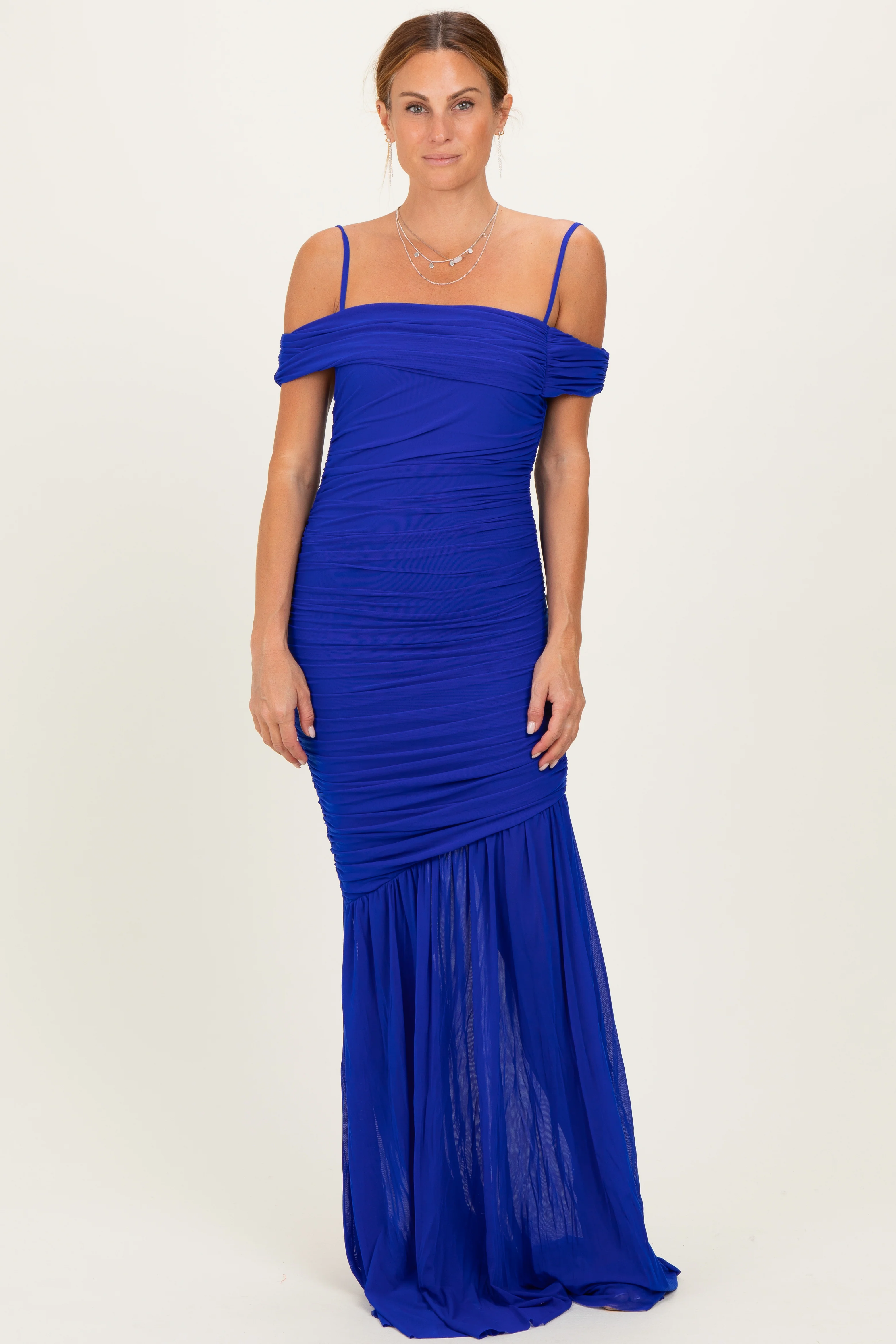 Image of Royal Blue Ruched Mesh Off Shoulder Maxi Dress
