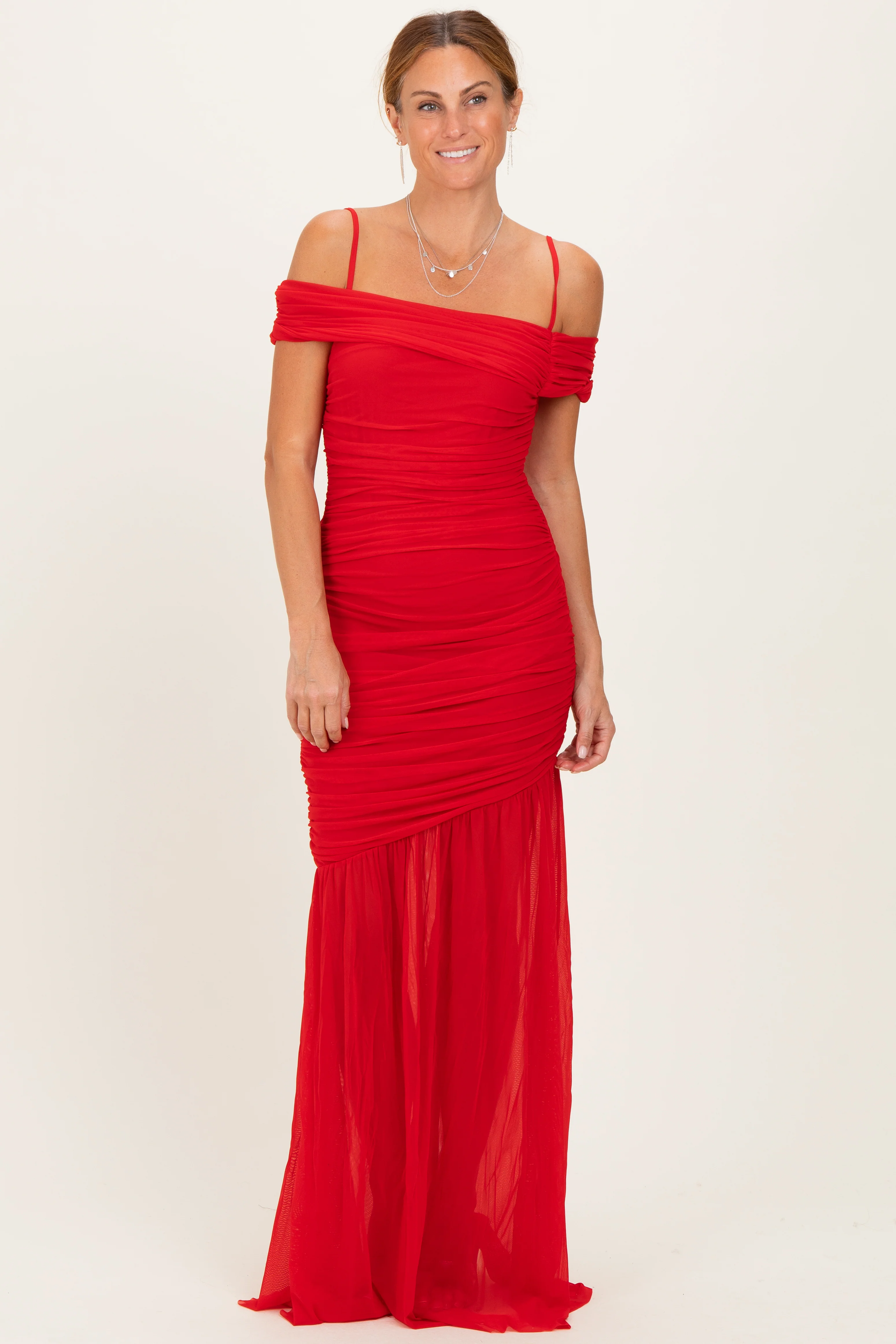 Image of Red Ruched Mesh Off Shoulder Maxi Dress