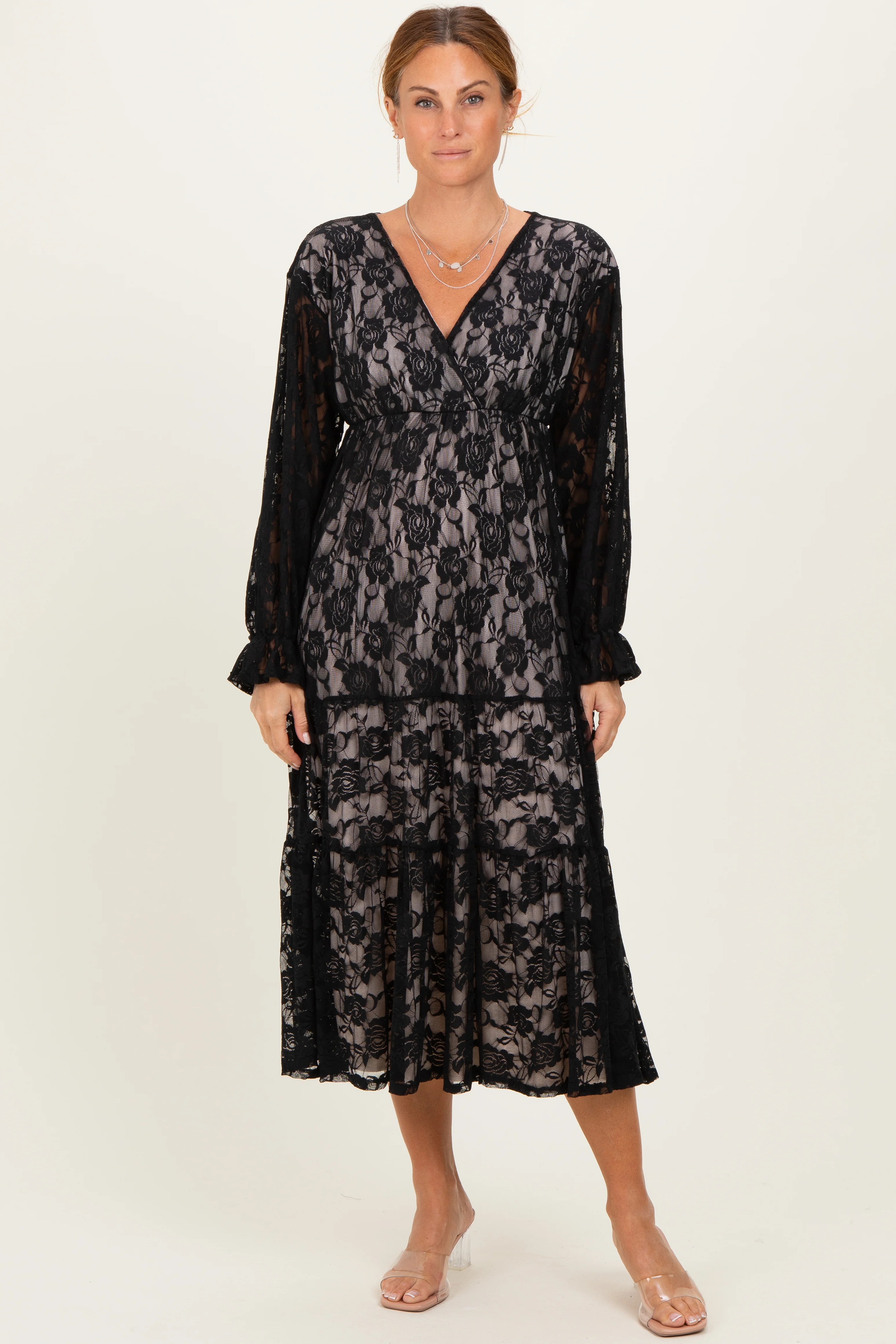 Image of Black Floral Lace Long Sleeve V-Neck Maxi Dress