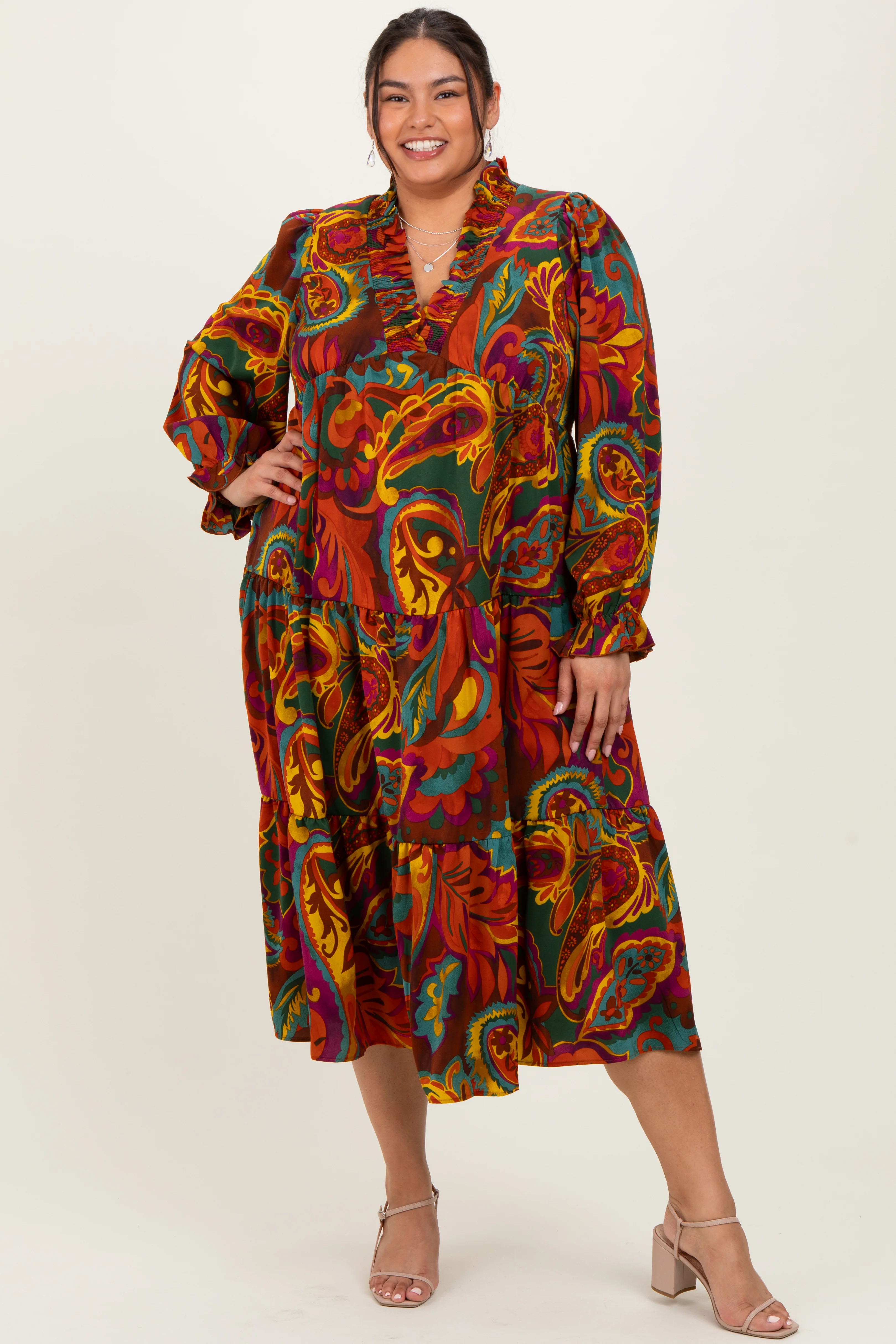 Image of Brown Paisley V-Neck Long Sleeve Tiered Plus Maxi Dress
