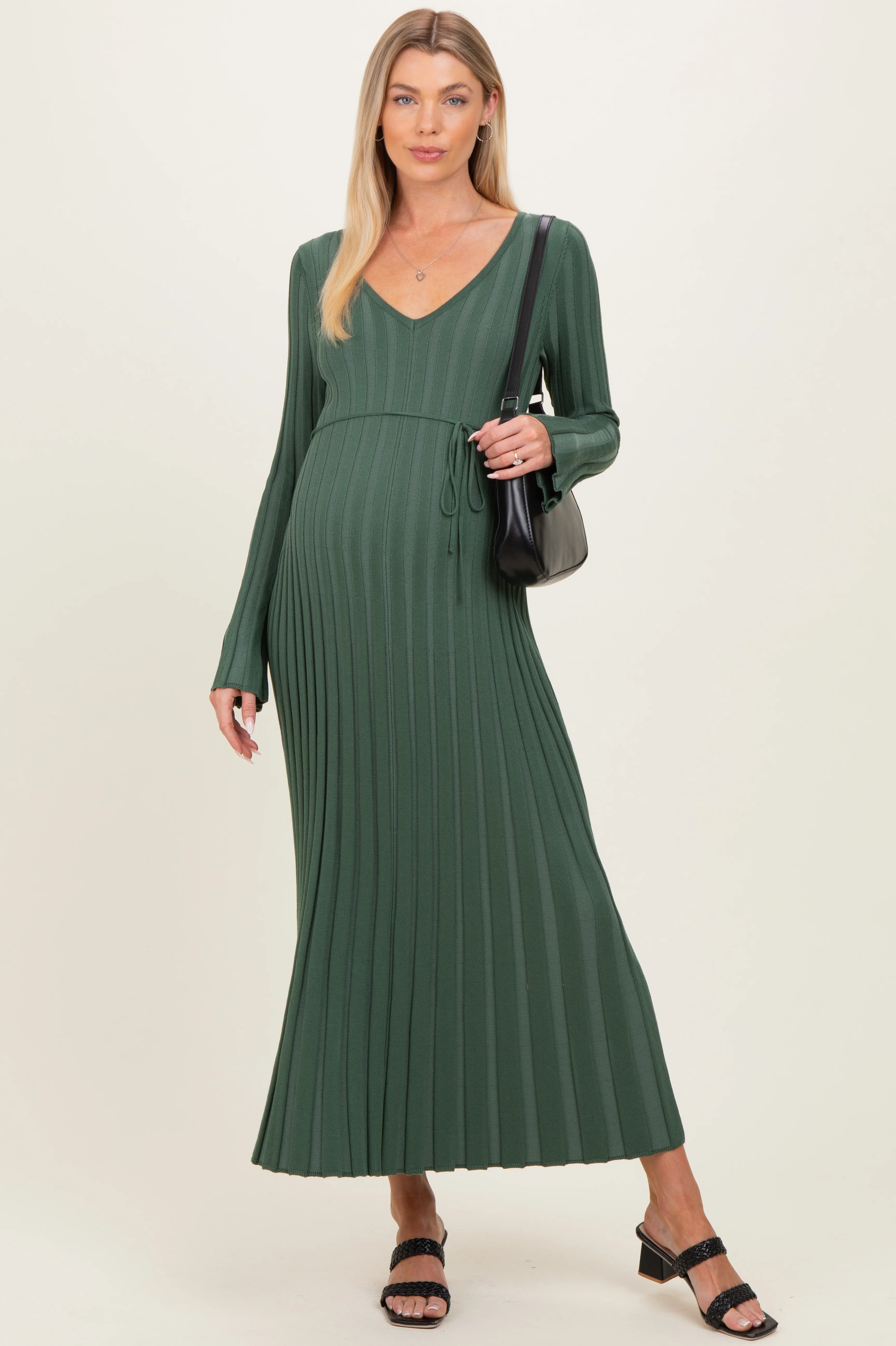 Image of Olive Ribbed Maternity Knit Maxi Dress