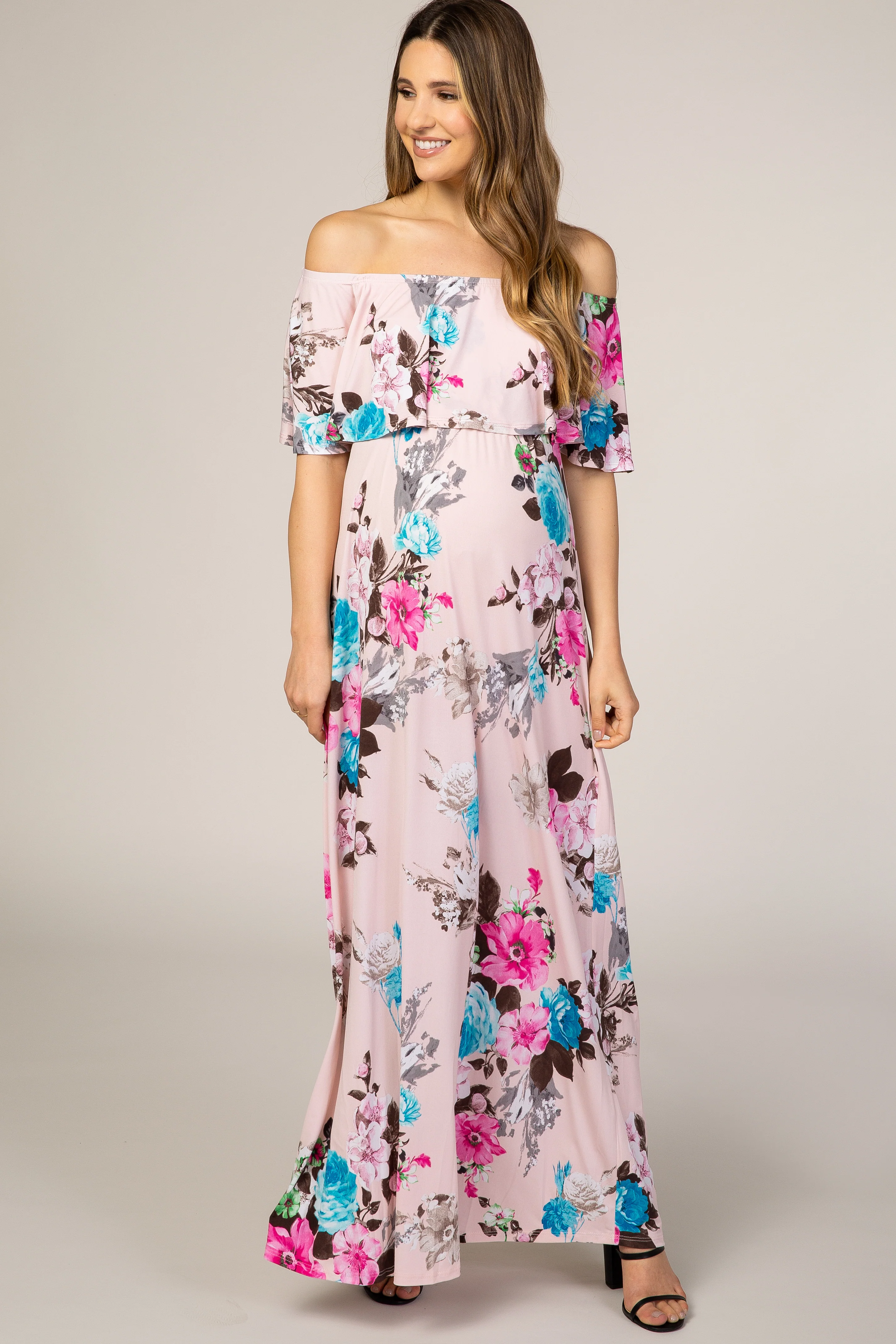 Image of Light Pink Floral Off Shoulder Maternity Maxi Dress