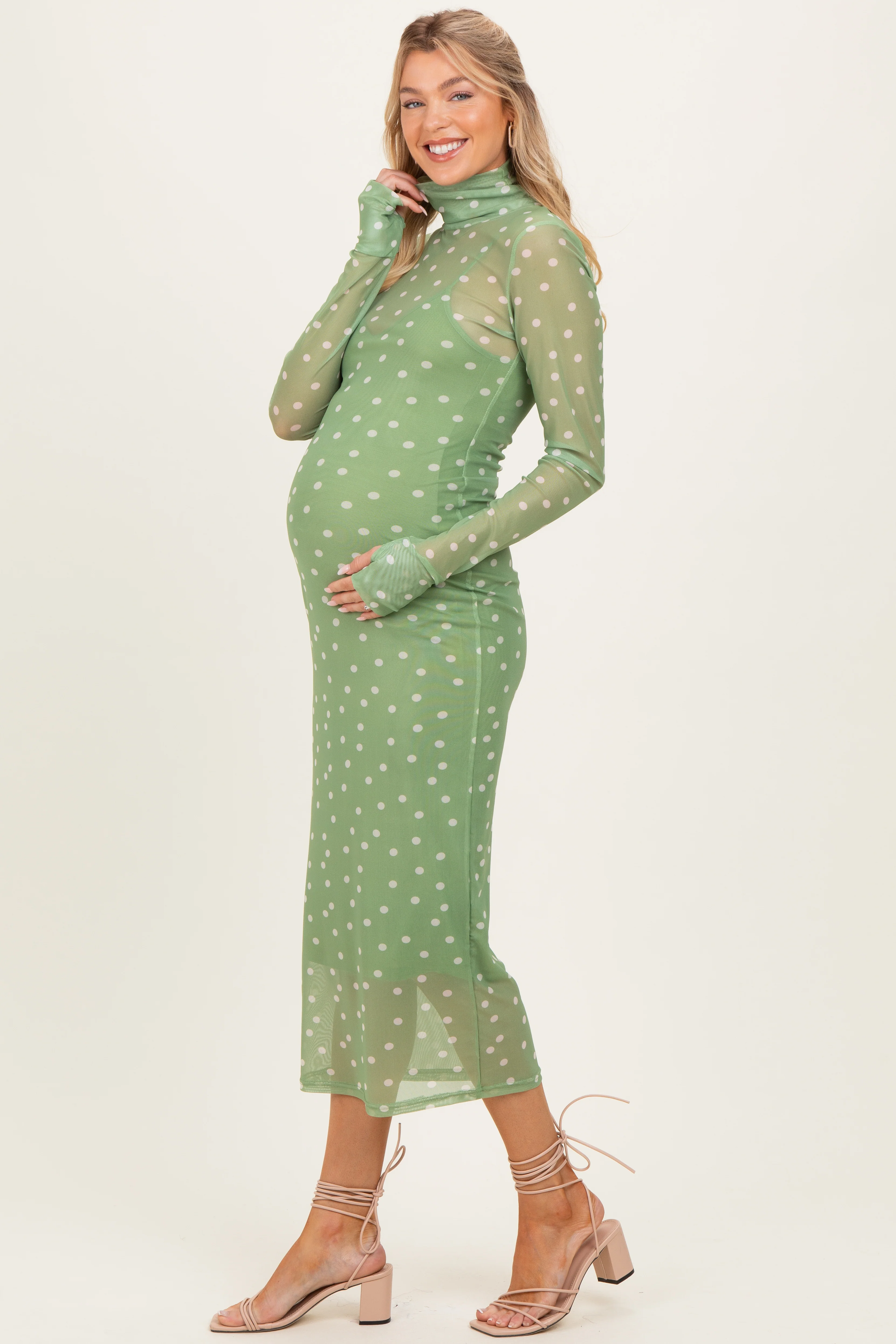 Image of Kiwi Polka Dot Mesh Overlay Maternity Midi Dress