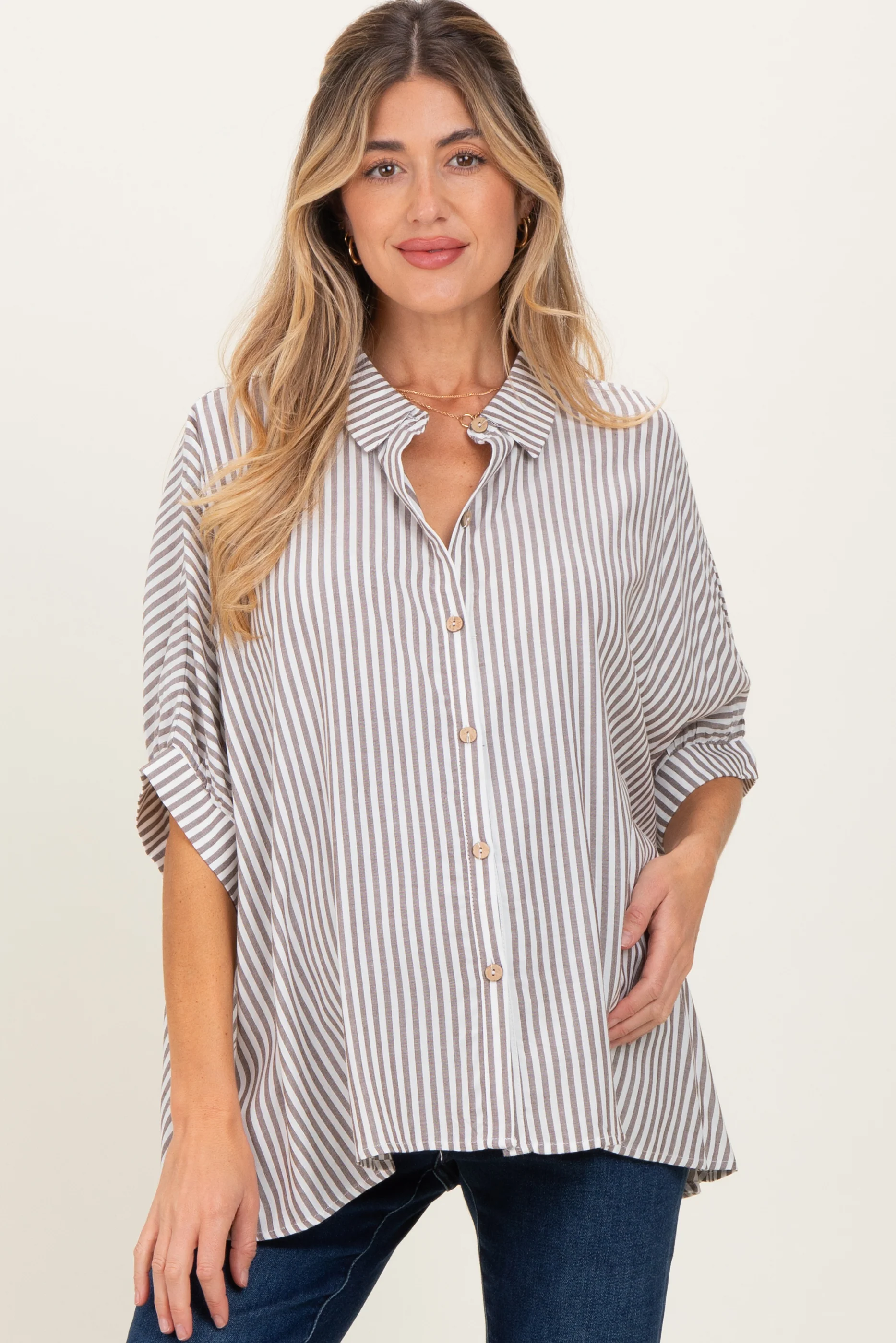 Image of Brown Striped Button Up Dolman Maternity Top