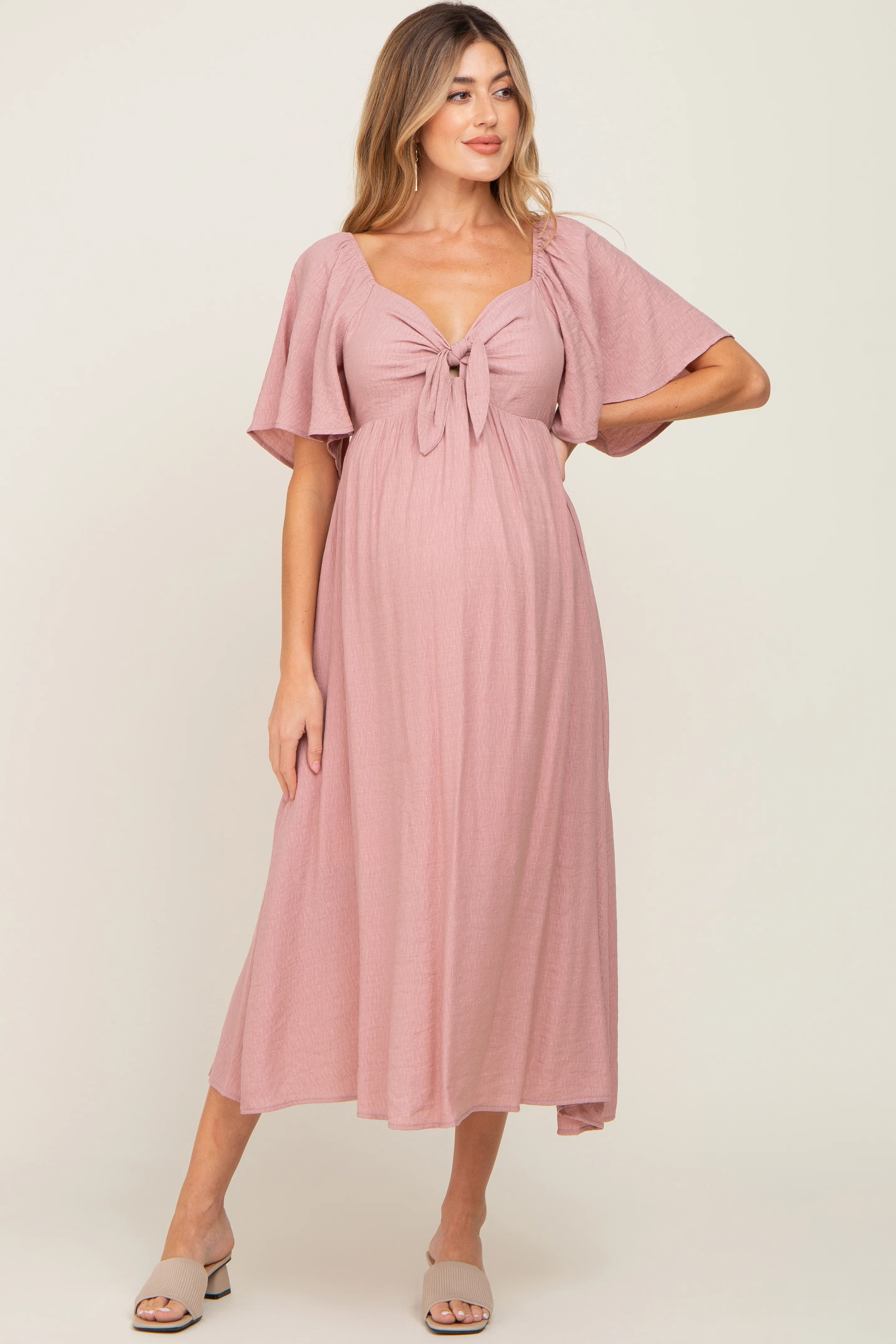 Image of Mauve Front Tie Ruffle Sleeve Maternity Midi Dress