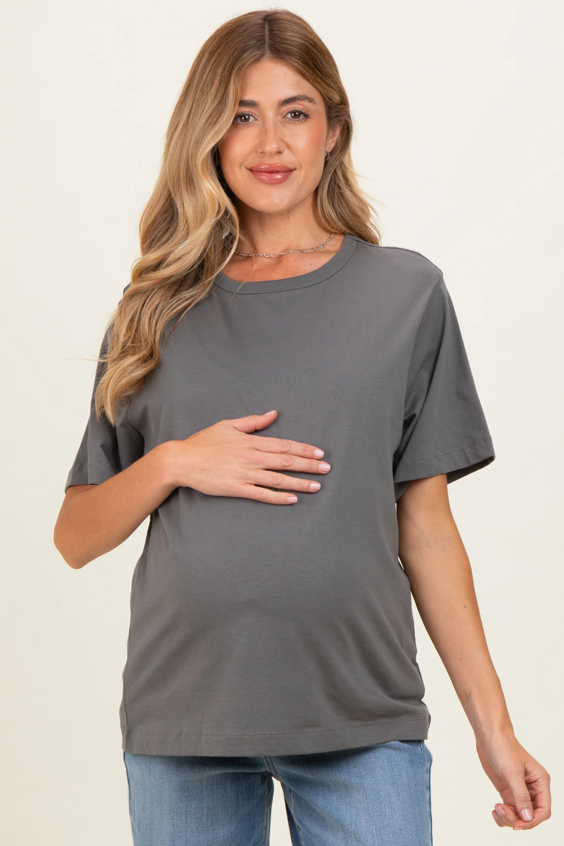 Image of Charcoal Oversized Short Sleeve Crew Neck Maternity T-Shirt