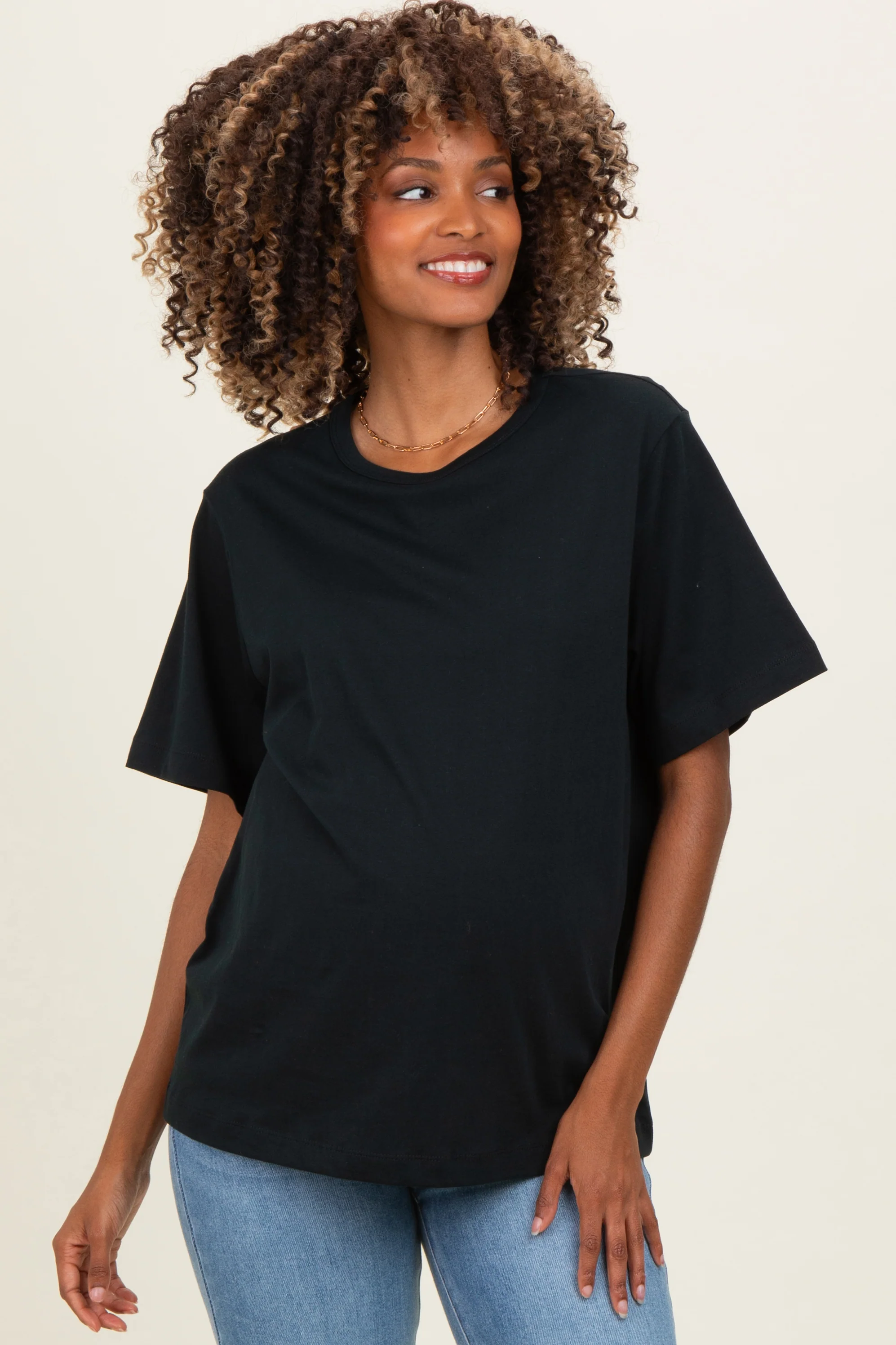 Image of Black Oversized Short Sleeve Crew Neck Maternity T-Shirt