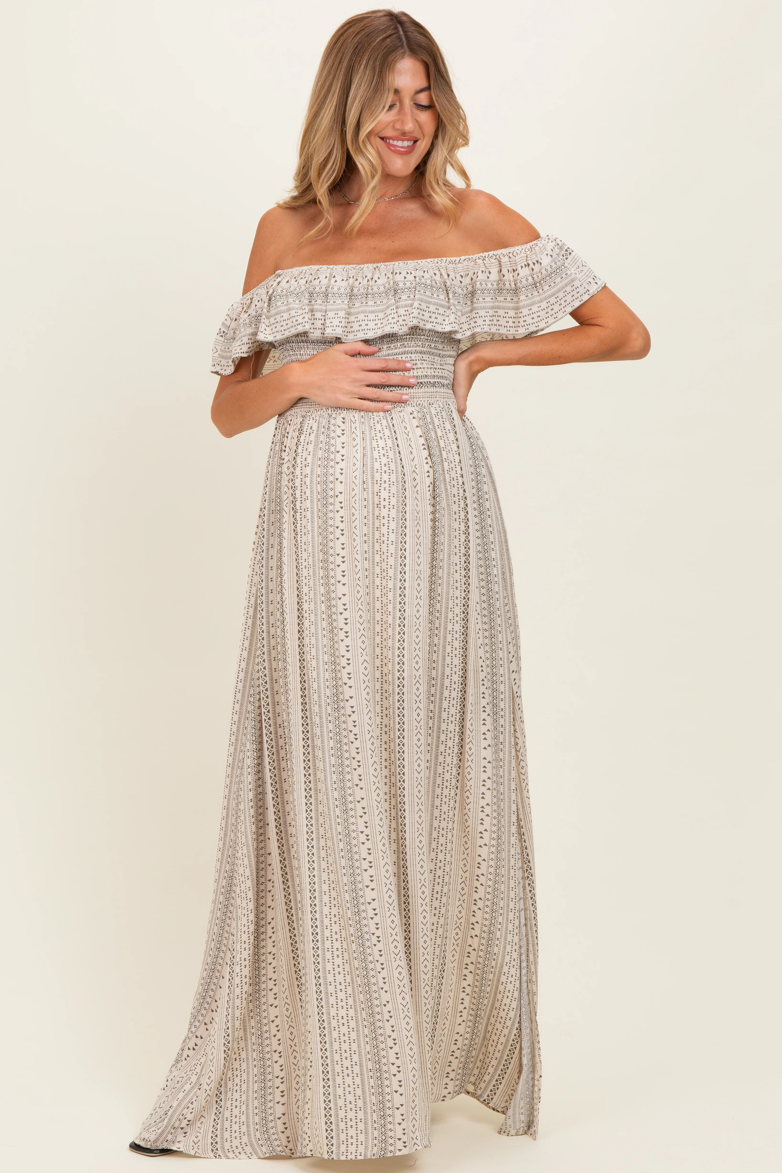 Image of Beige Ruffle Off Shoulder Maternity Maxi Dress