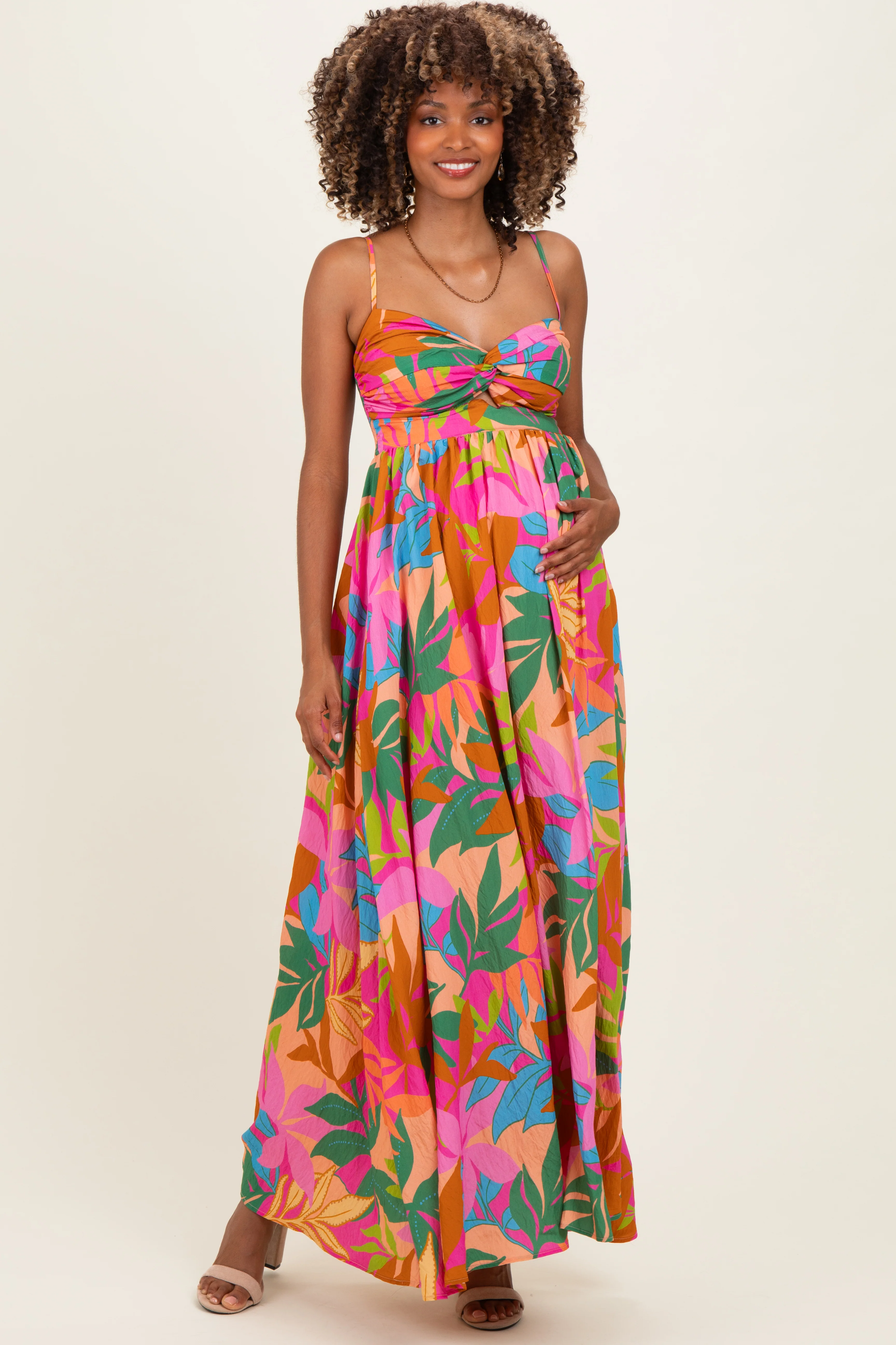 Image of Brown Pink Multi Printed Maternity Maxi Dress