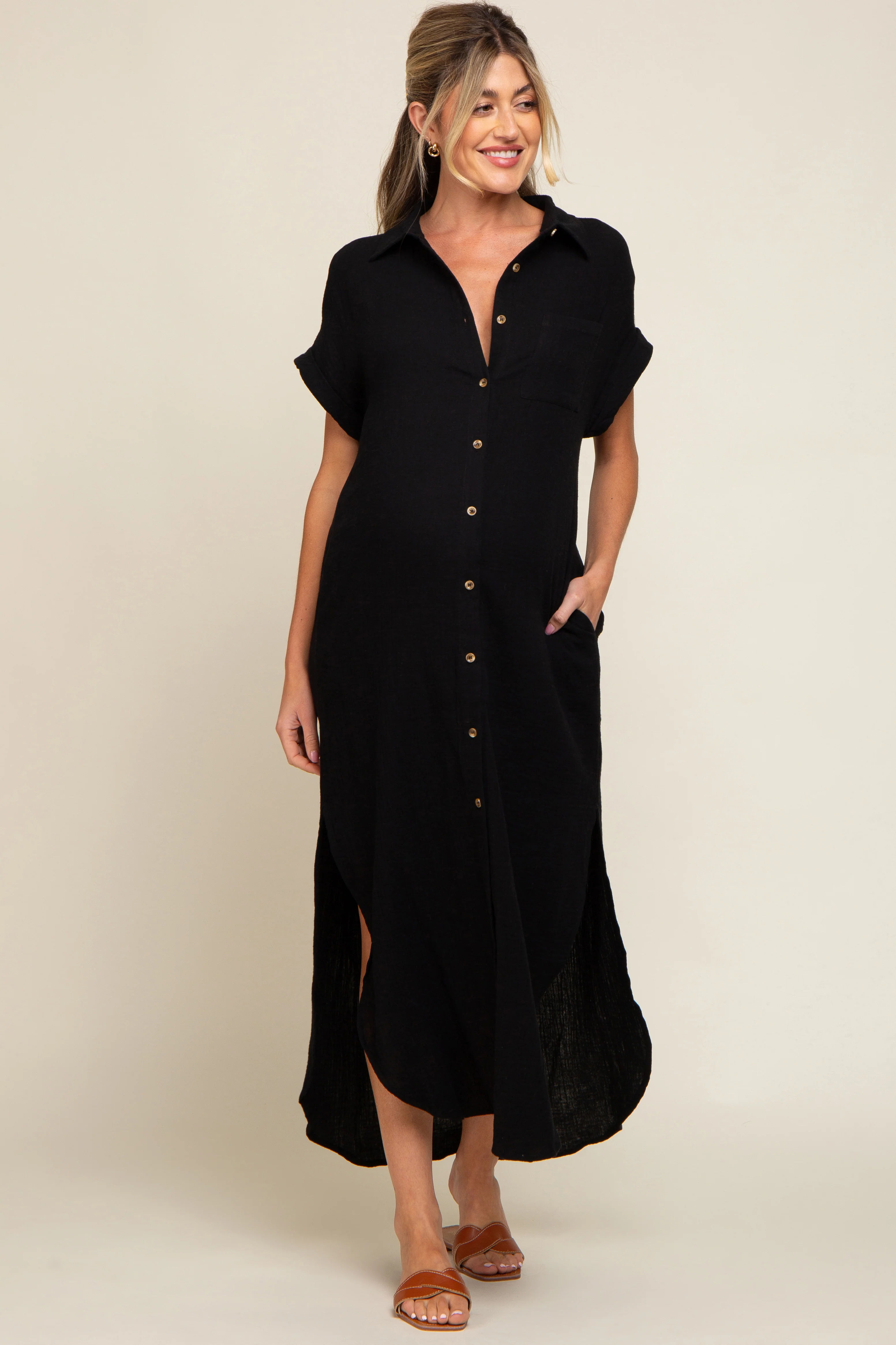 Image of Black Button Down Maternity Midi Dress