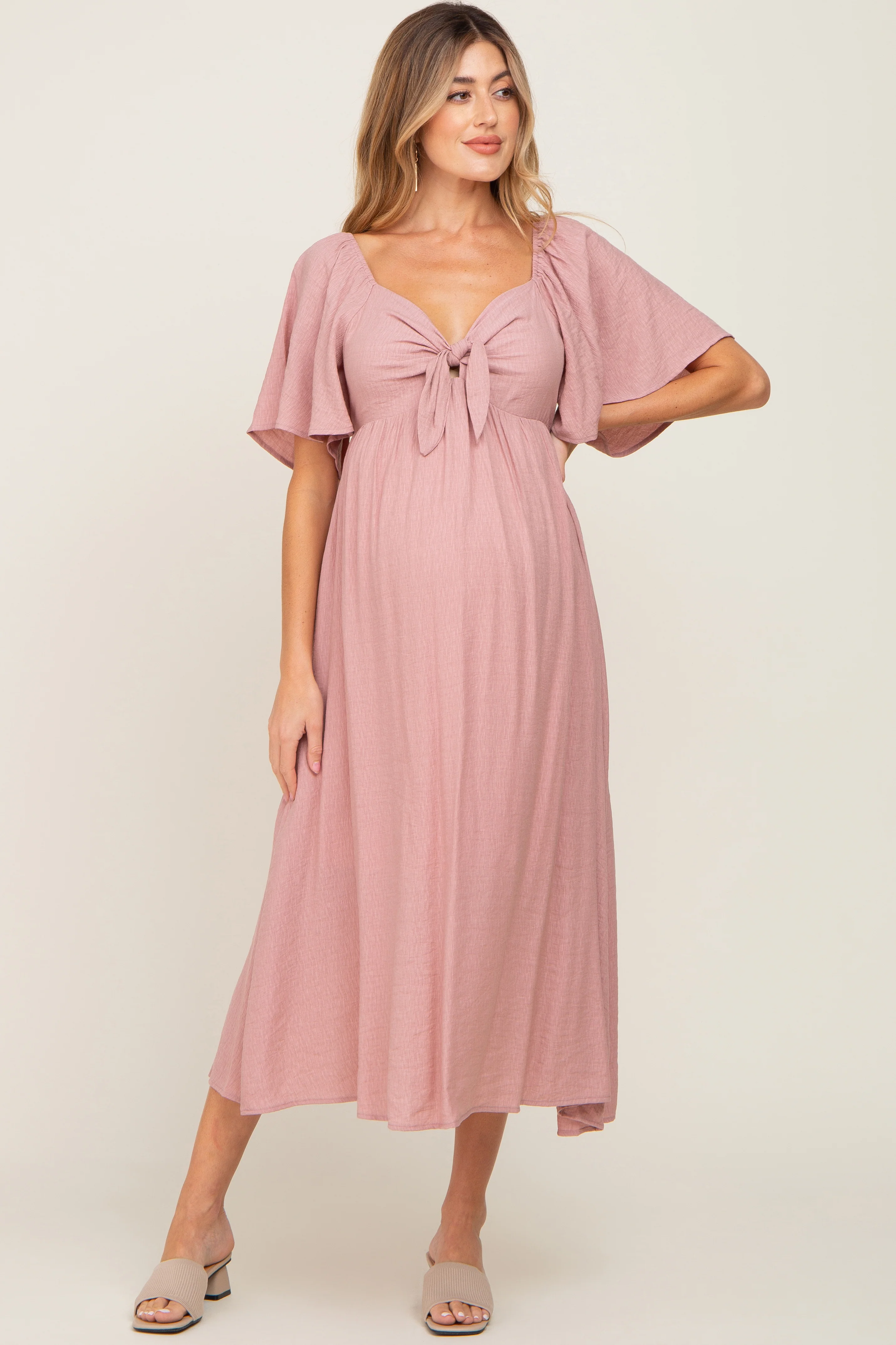 Image of Mauve Front Tie Ruffle Sleeve Maternity Midi Dress