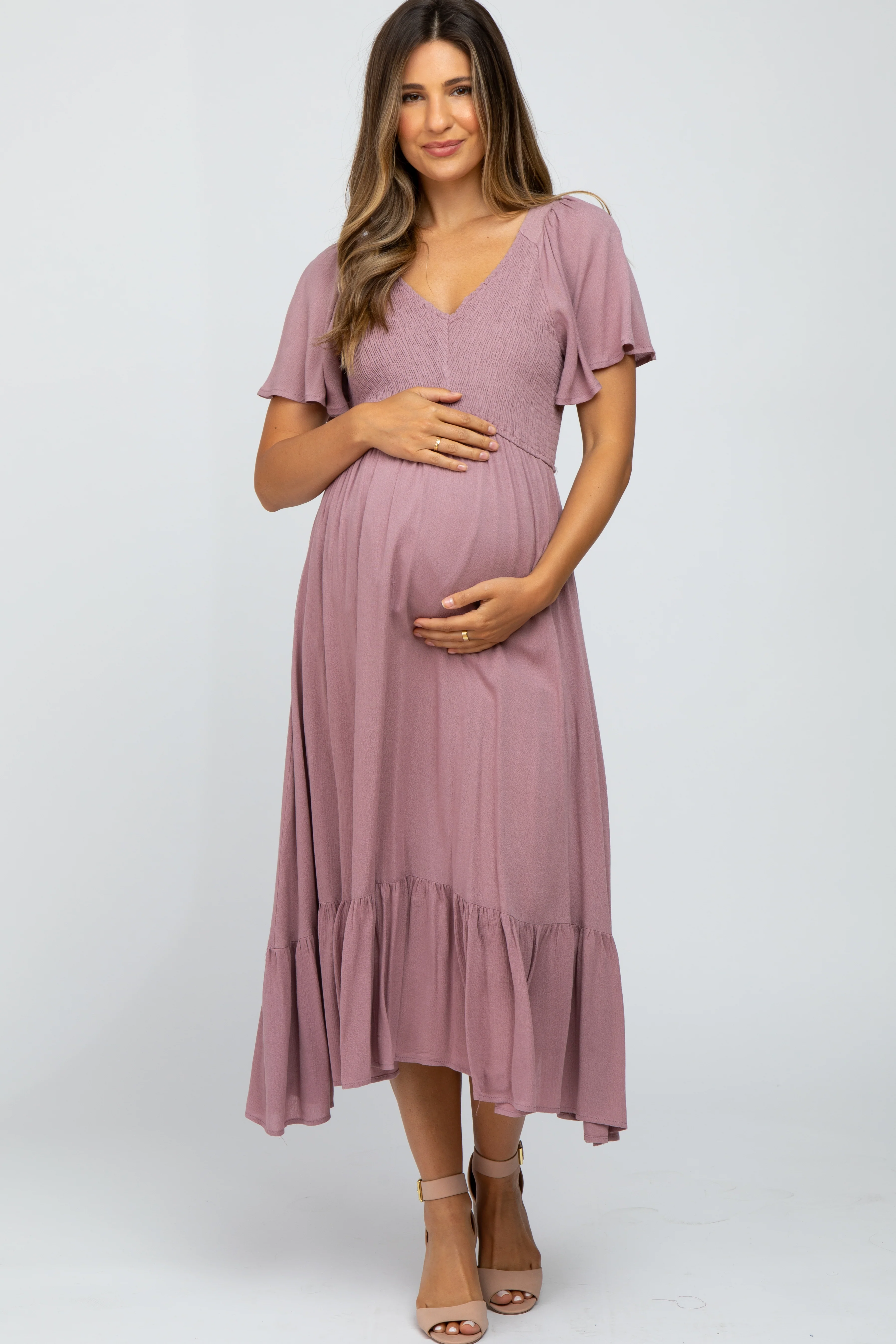 Image of Mauve Smocked V-Neck Maternity Midi Dress