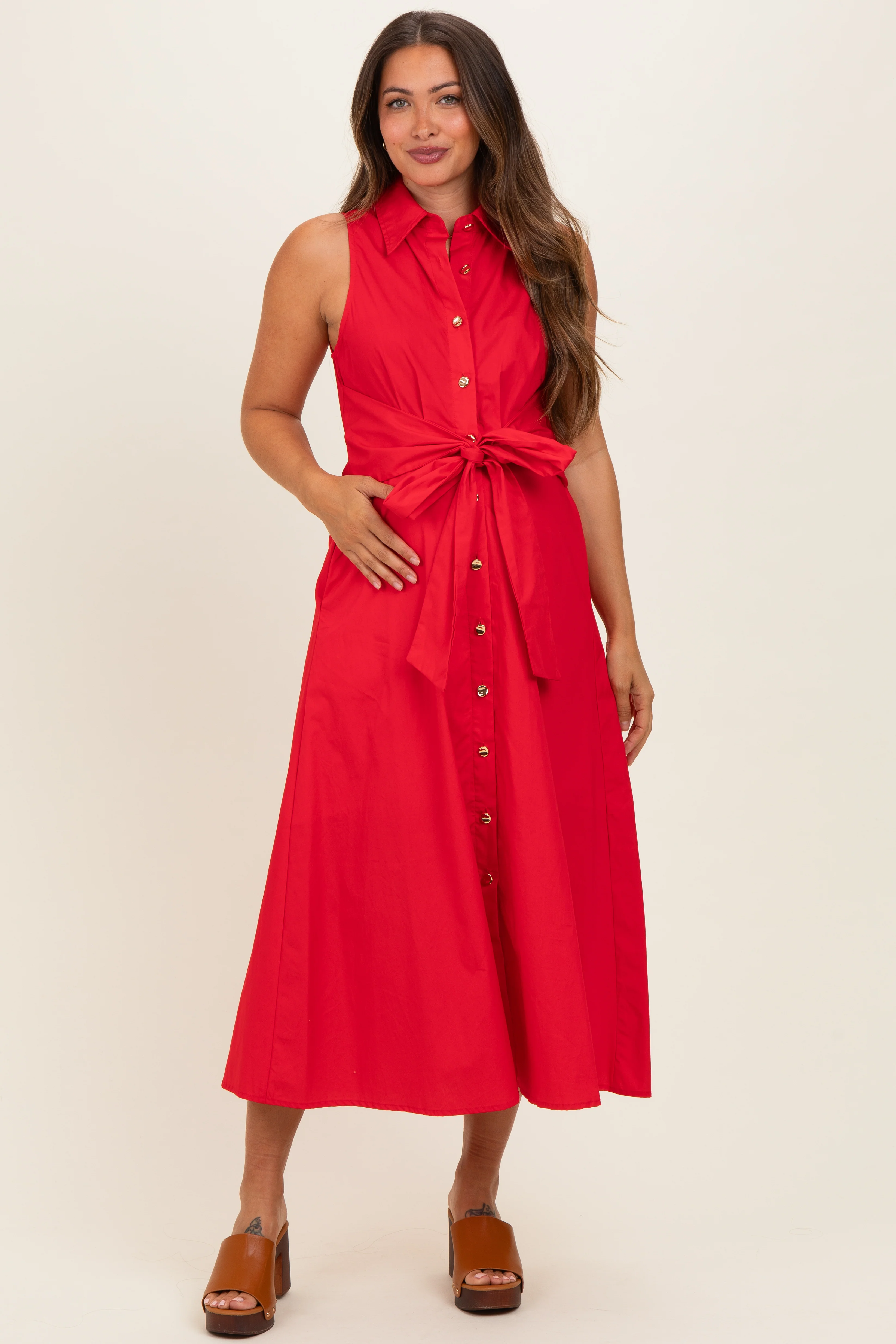 Image of Red Button Up Sleeveless Maternity Midi Dress