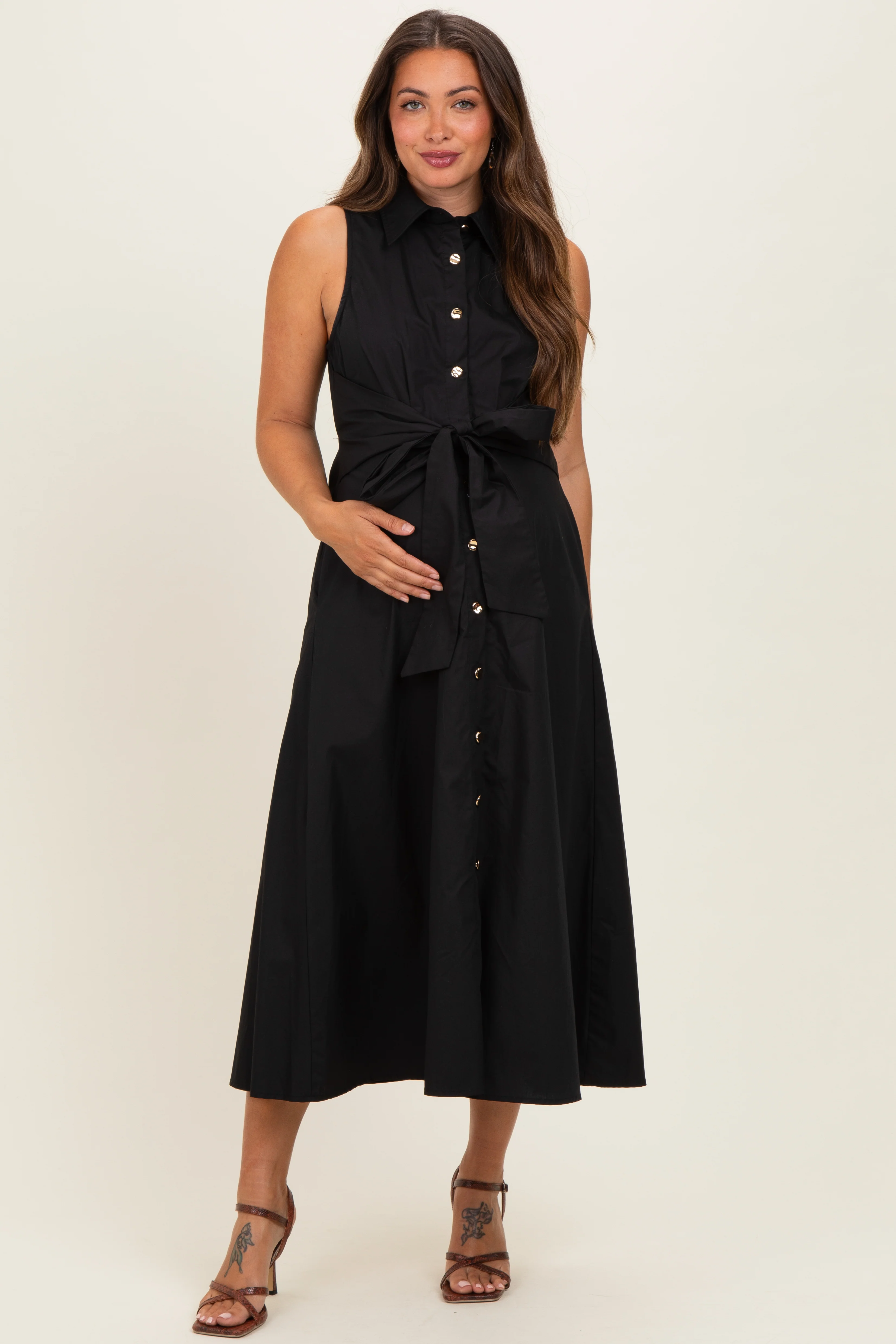 Image of Black Button Up Sleeveless Maternity Midi Dress