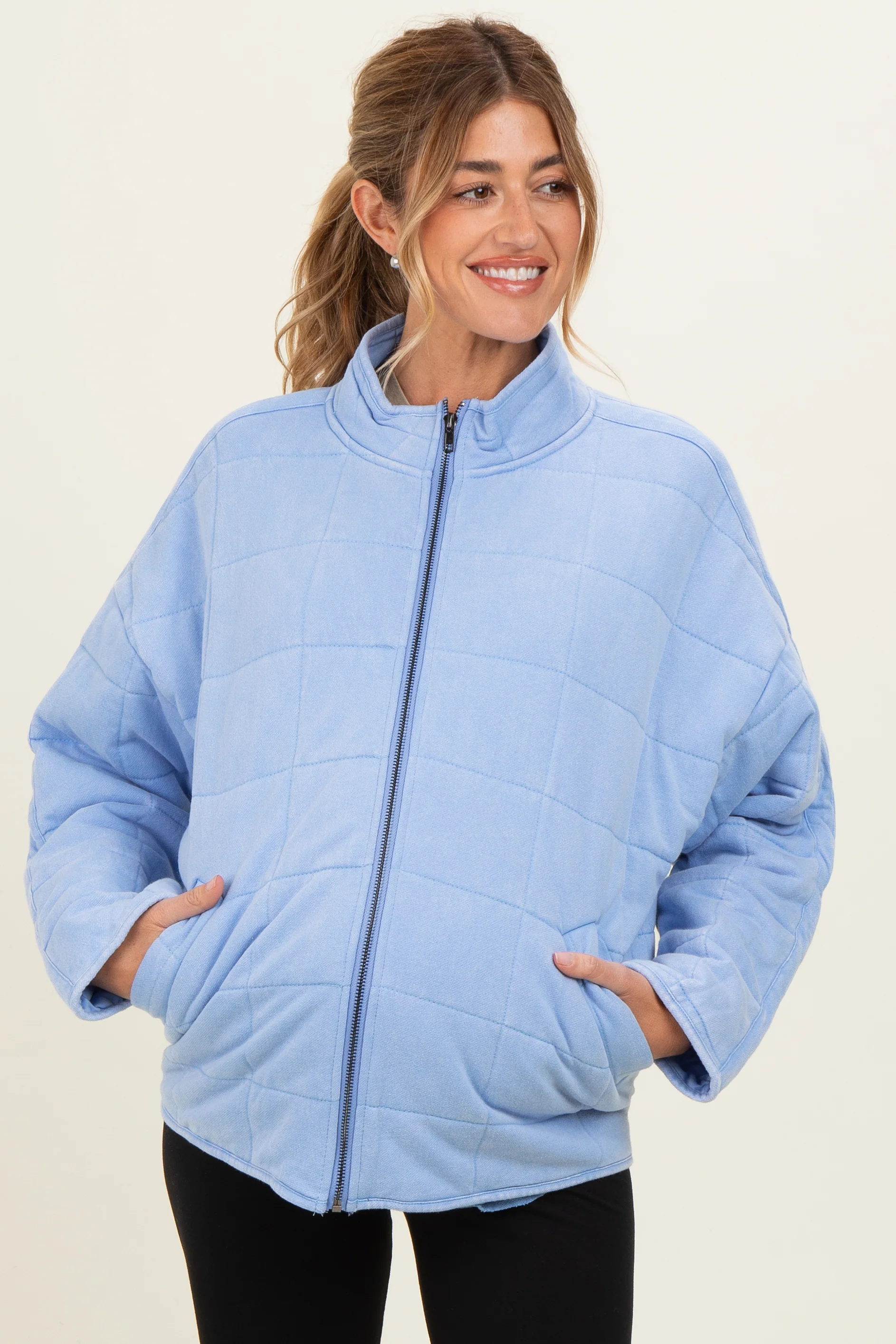 Image of Sky Blue Oversized Quilted Maternity Jacket