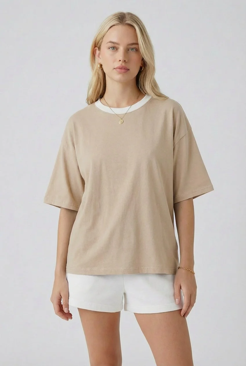 Image of Sand Relaxed Fit Contrast Neckline Tee