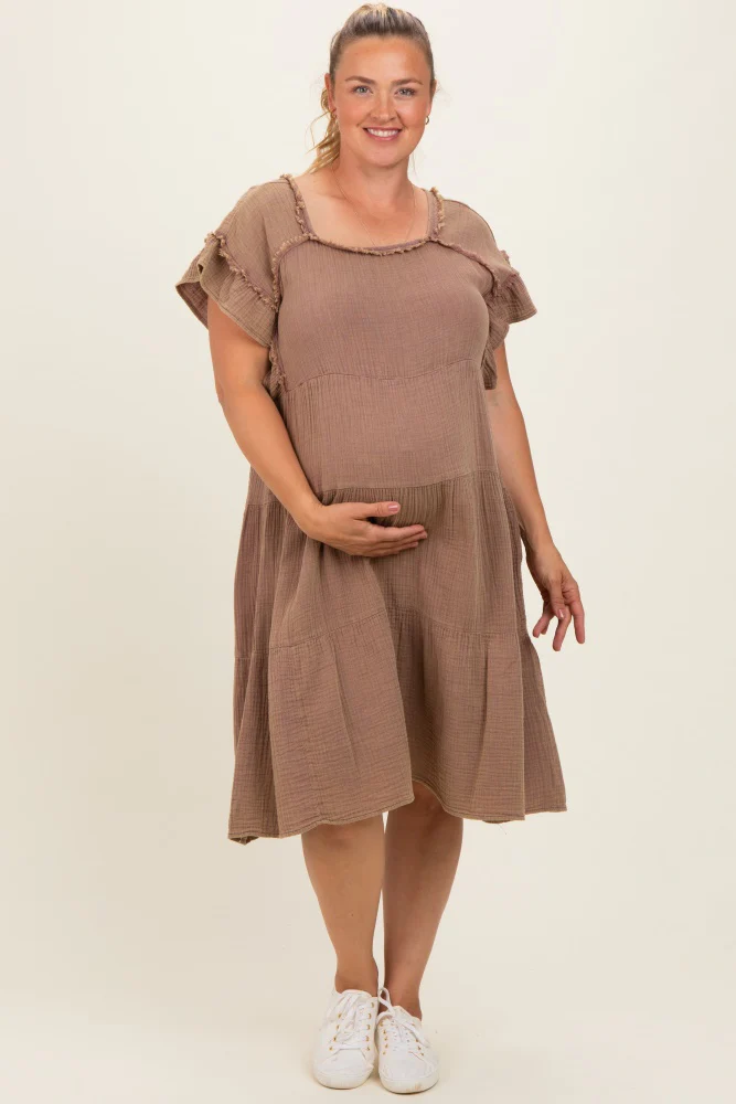 Image of Mahogany Washed Double Gauze Tiered Maternity Plus Dress