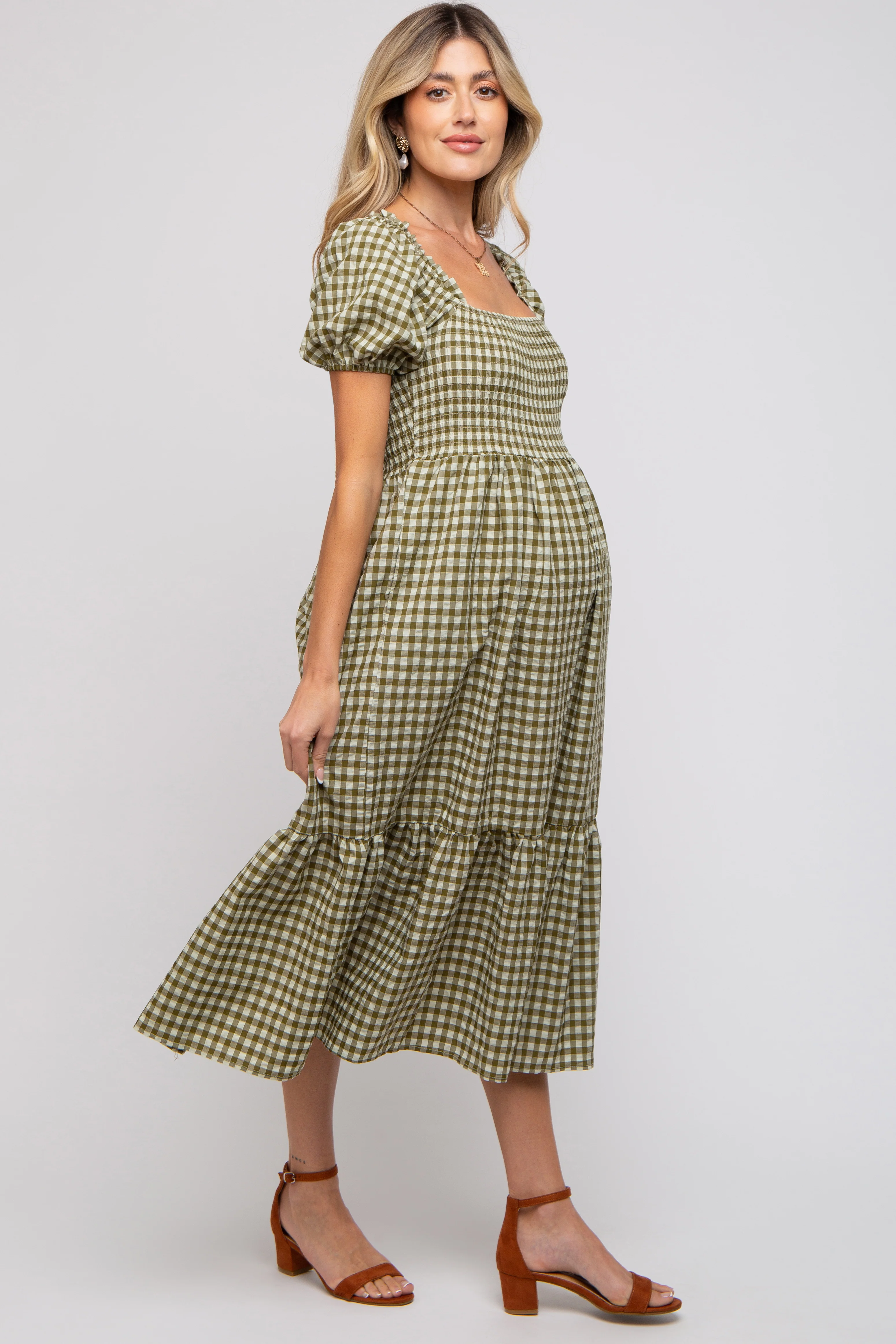 Image of Olive Gingham Smocked Maternity Midi Dress